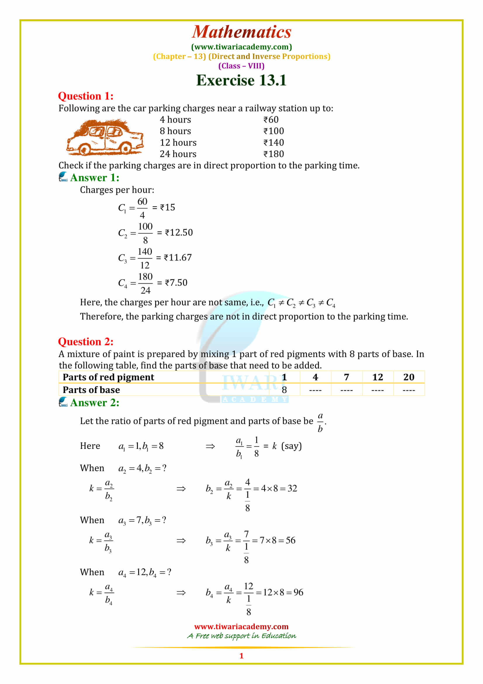 NCERT Solutions for Class 8 Maths Chapter 13 DIRECT AND INVERSE PROPORTIONS