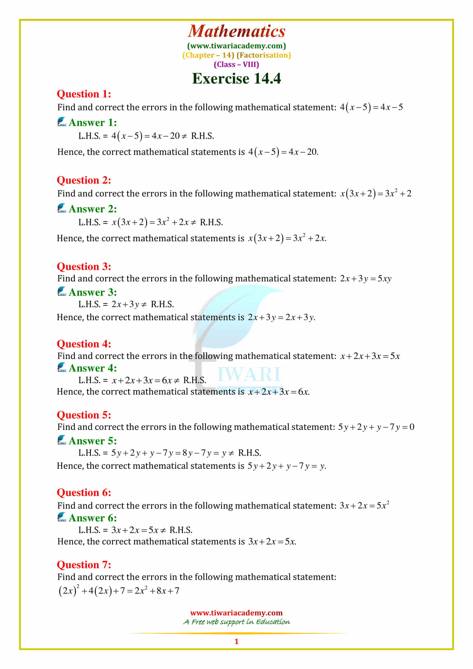 NCERT Solutions for Class 8 Maths Chapter 14 Exercise 14.4