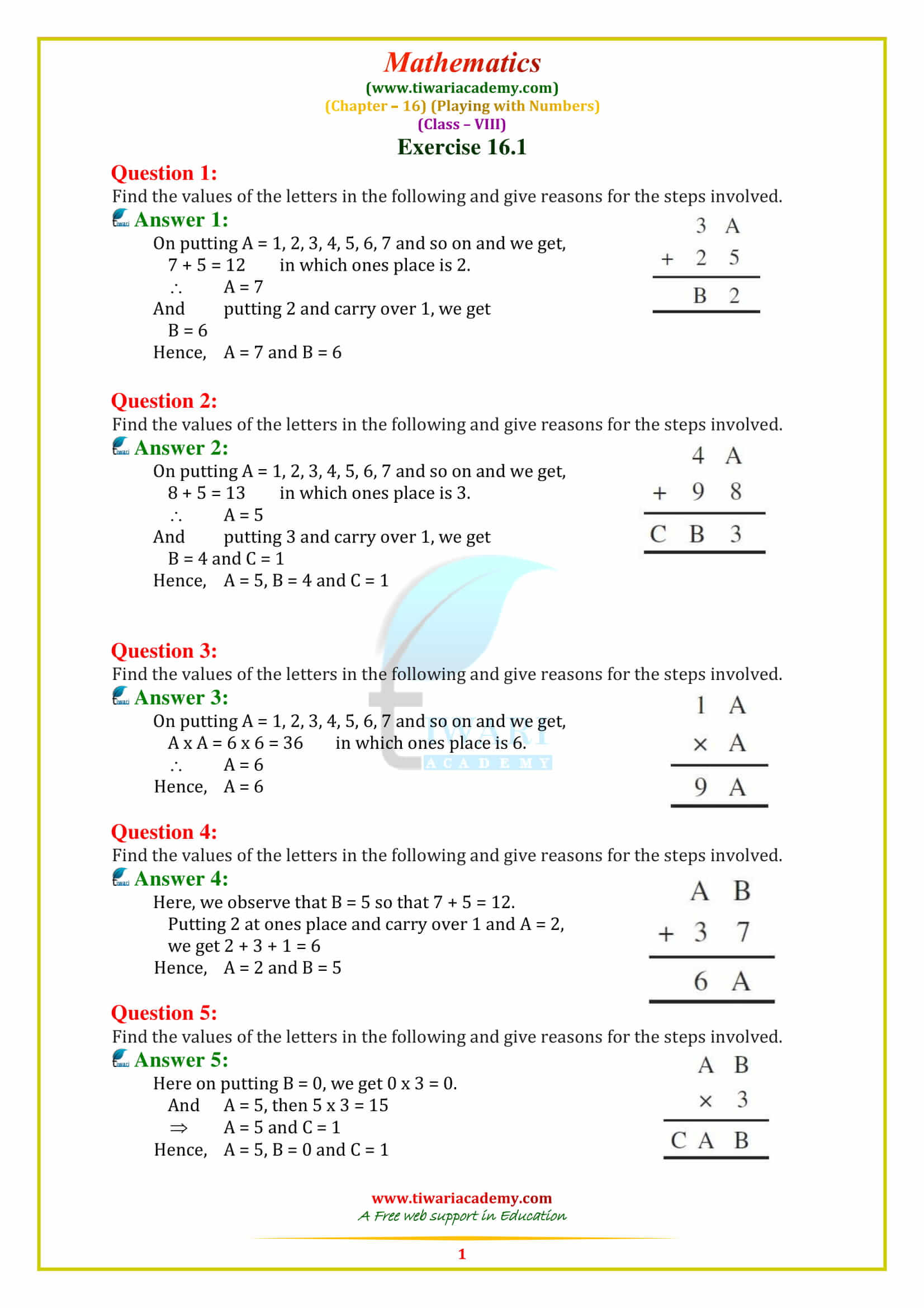NCERT Solutions for Class 8 Maths Chapter 16 PLAYING WITH NUMBERS in english medium