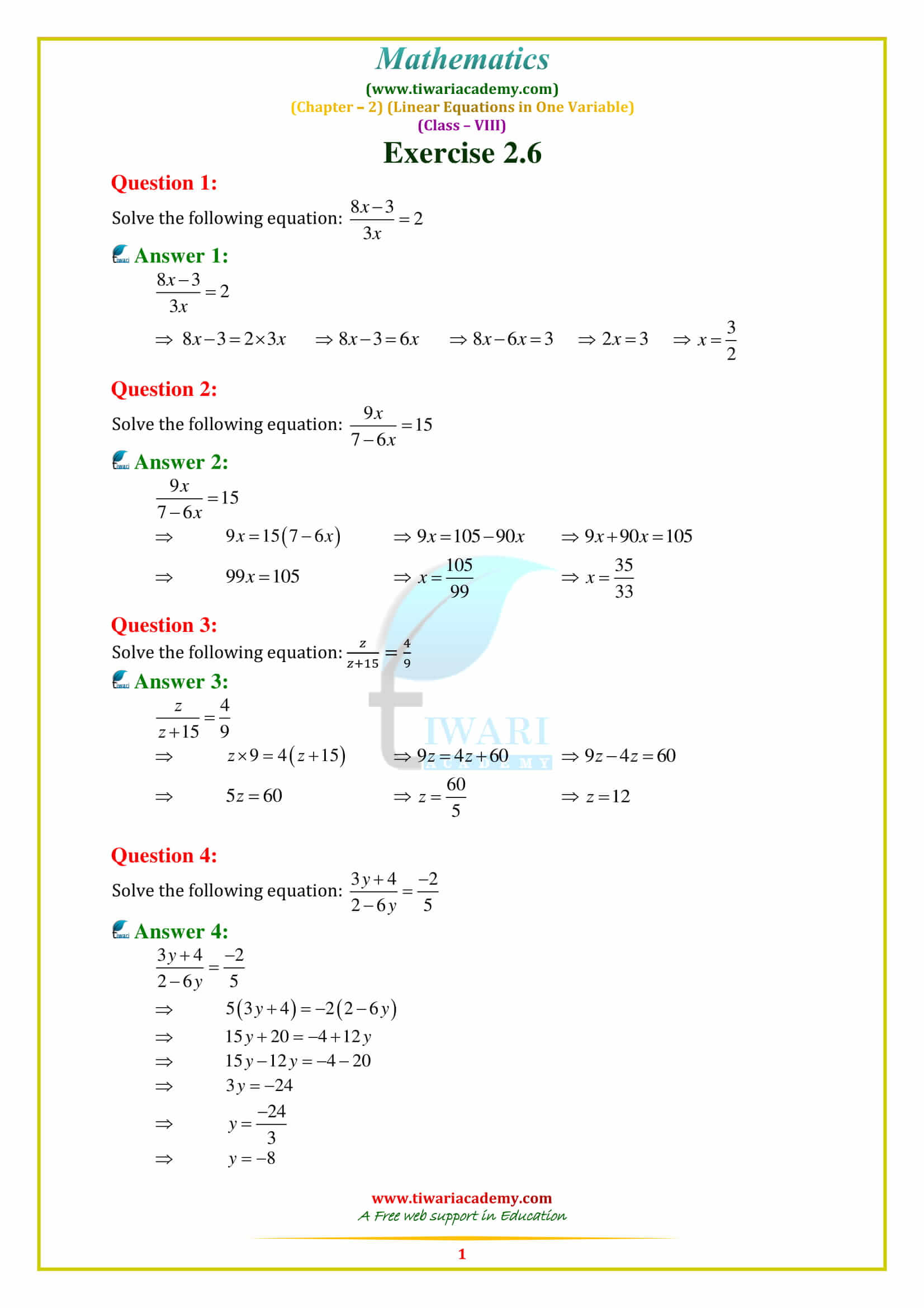 NCERT Solutions for Class 8 Maths Exercise 2.6