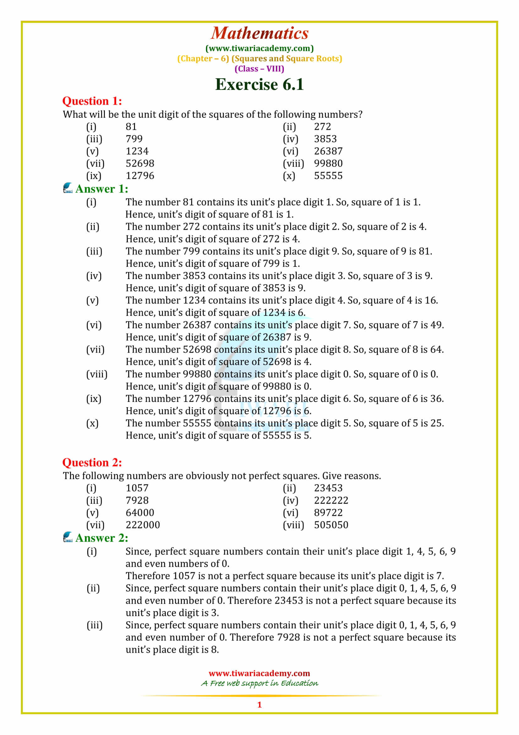 NCERT Solutions for Class 8 Maths Chapter 6 SQUARE AND SQUARE ROOTS