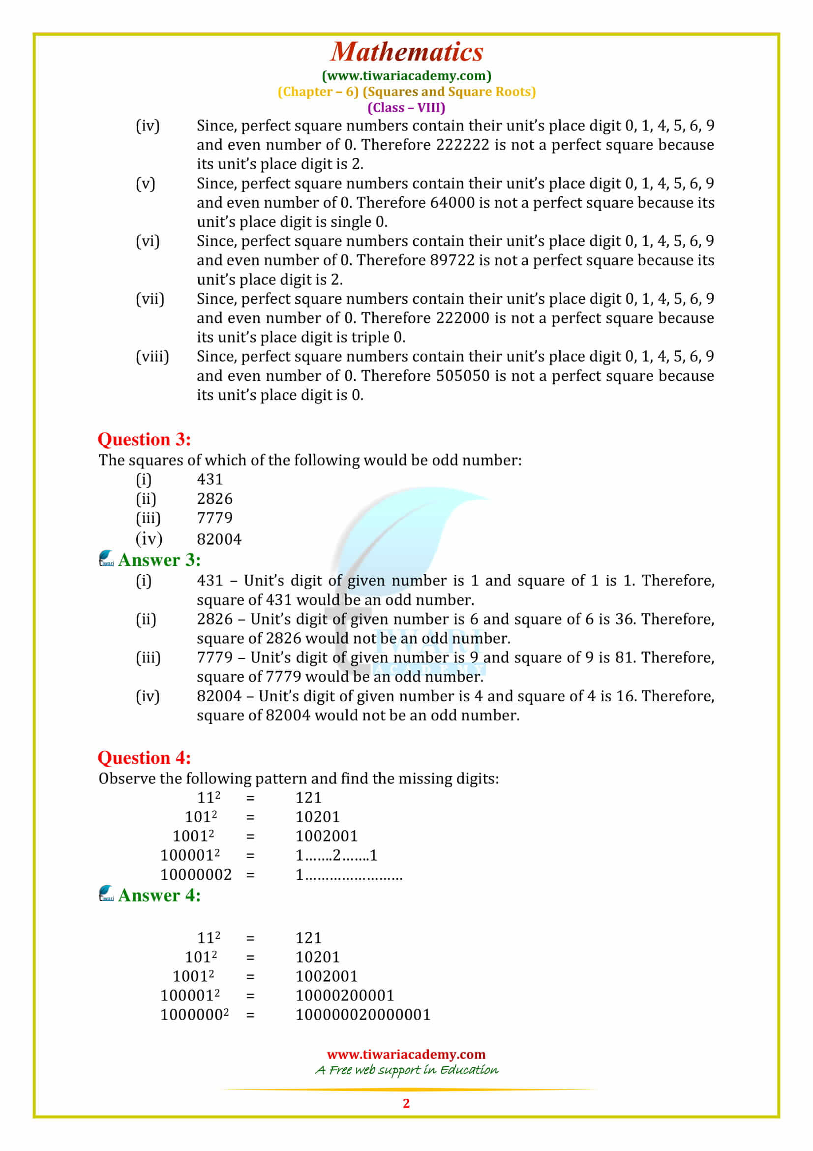 NCERT Solutions for Class 8 Maths Chapter 6 SQUARE AND SQUARE ROOTS exercise 6.1
