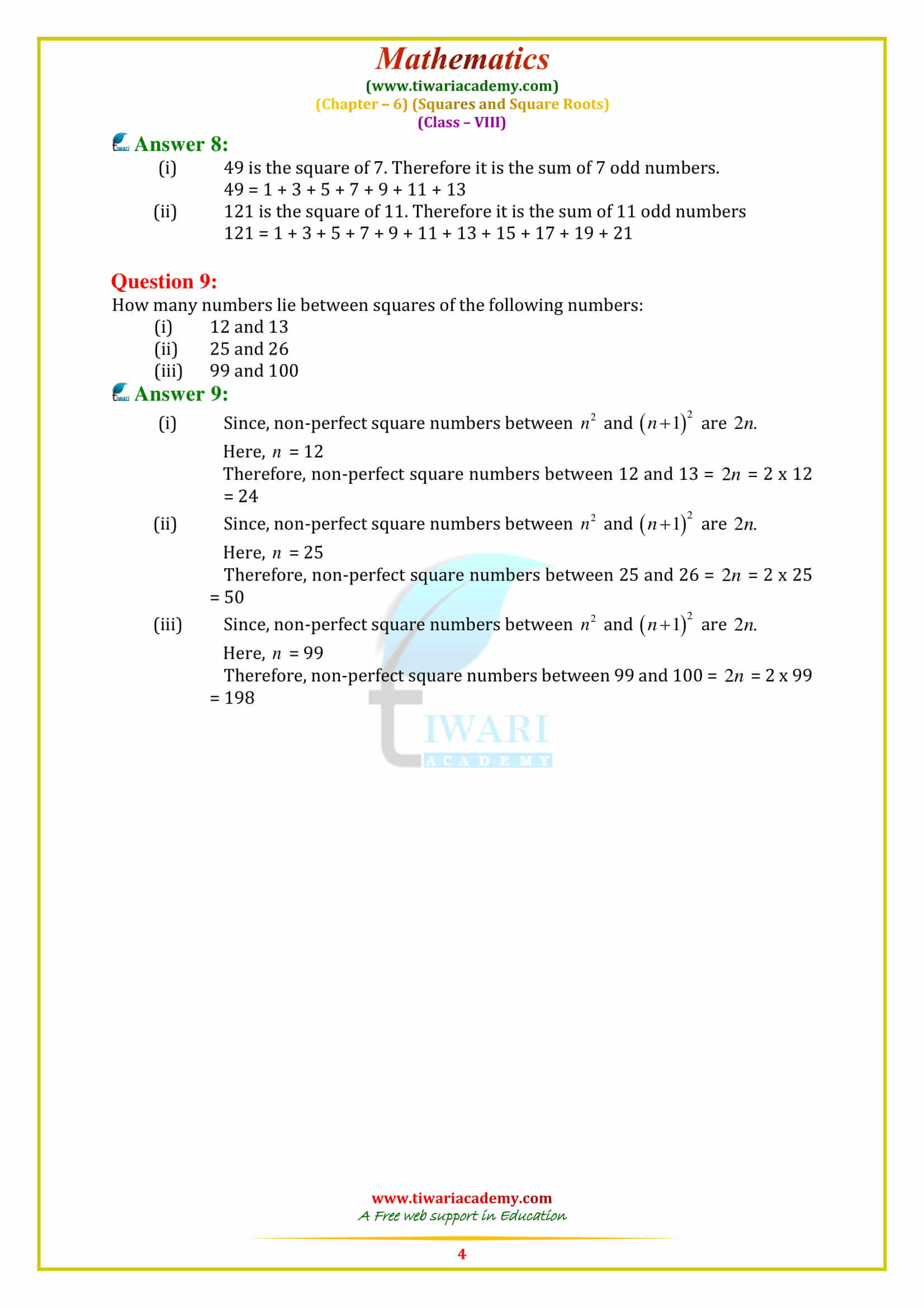 NCERT Solutions for Class 8 Maths Chapter 6 SQUARE AND SQUARE ROOTS in english medium