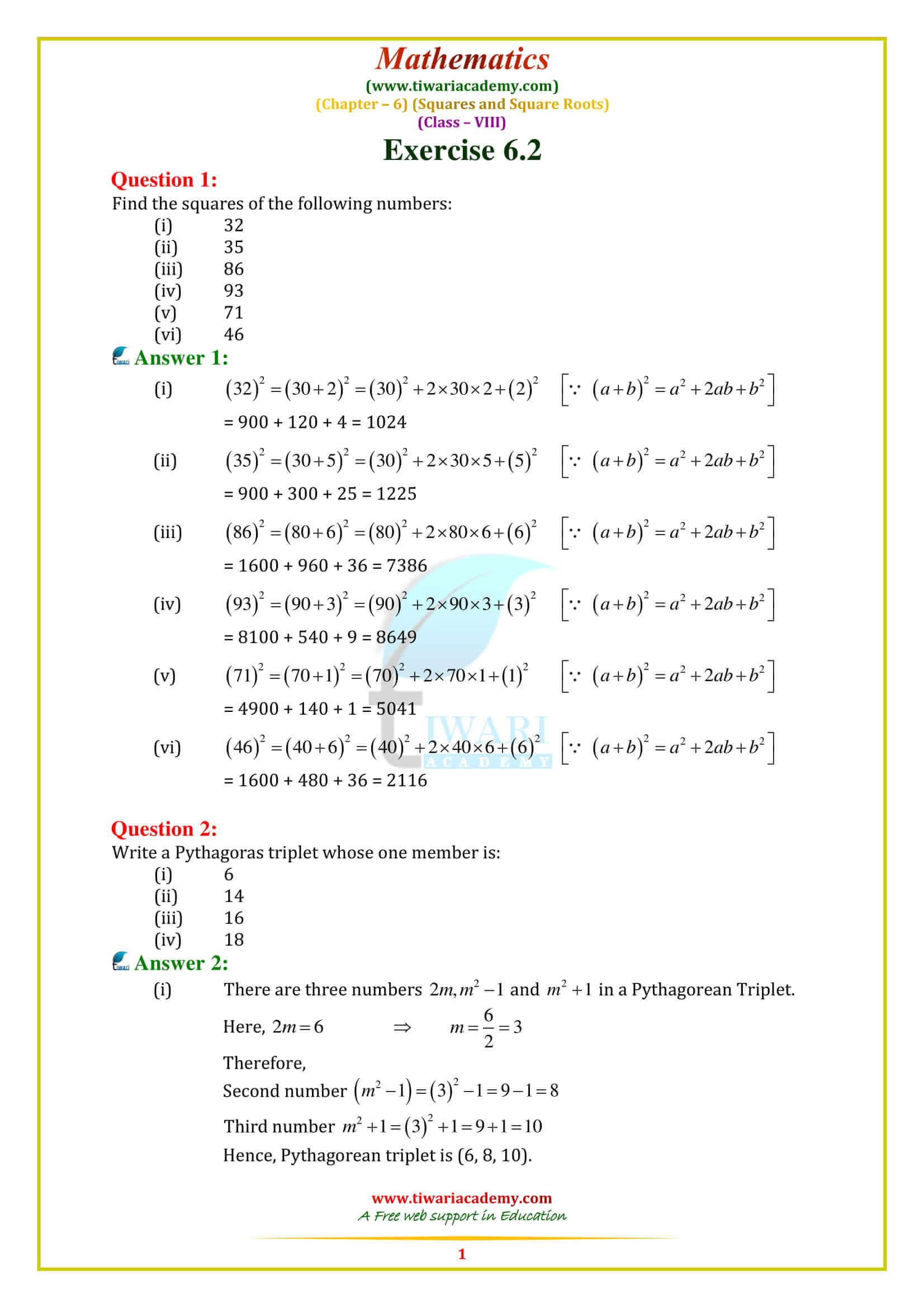 NCERT Solutions for Class 8 Maths Chapter 6 SQUARE AND SQUARE ROOTS exercise 6.2 in pdf