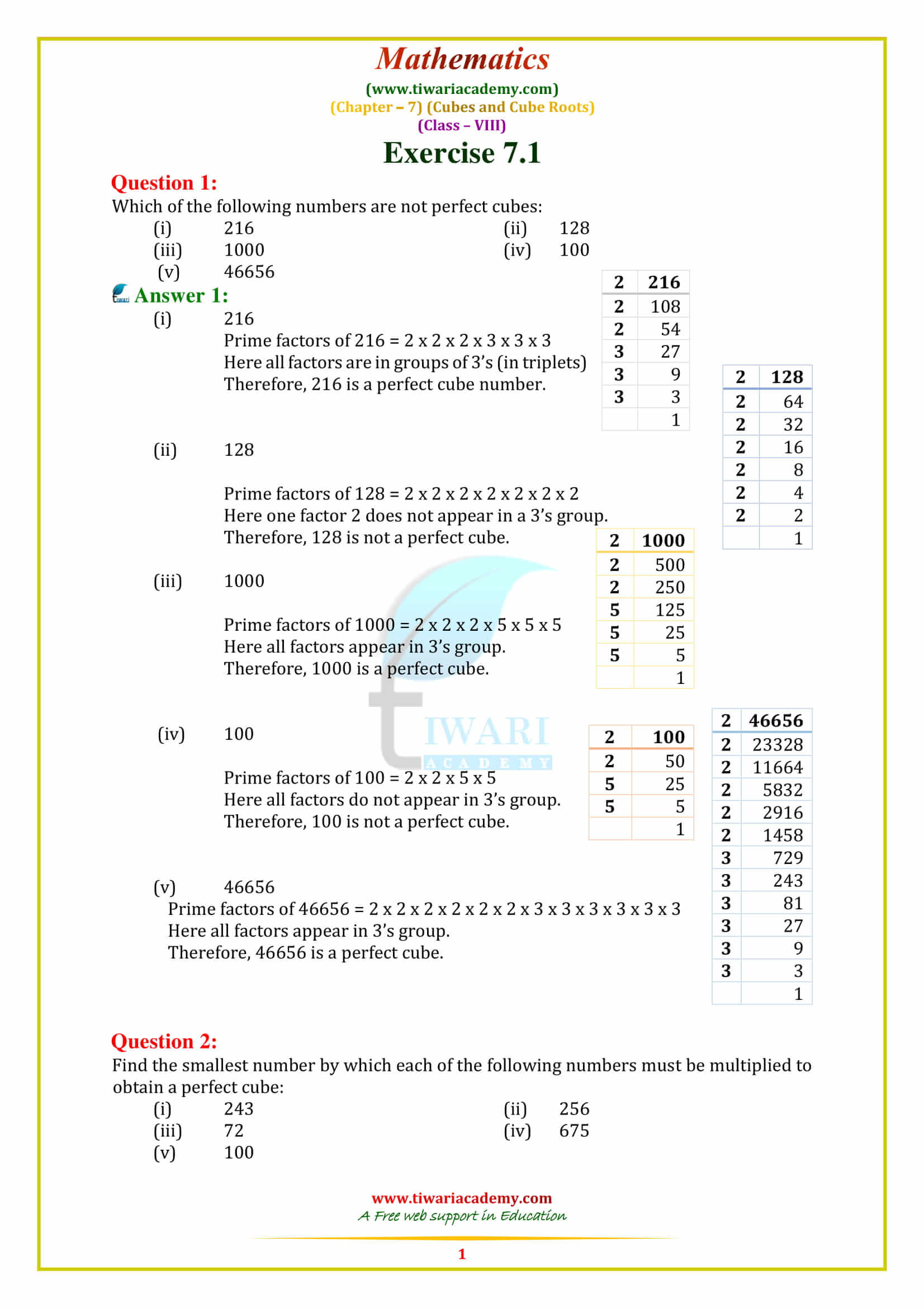NCERT Solutions for Class 8 Maths Chapter 7 CUBE AND CUBE ROOTS exercise 7.1