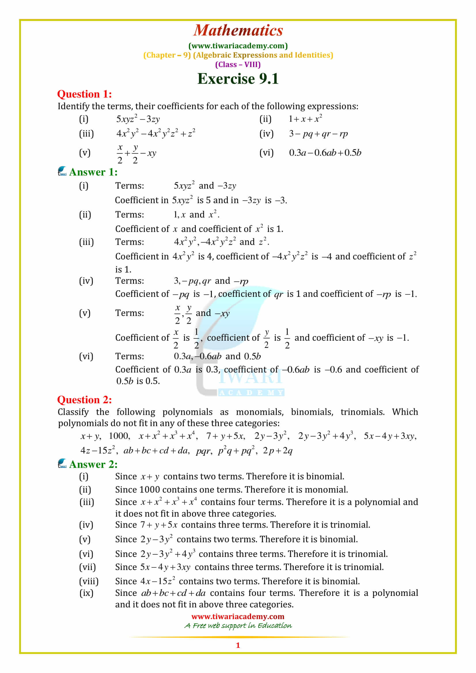 NCERT Solutions for Class 8 Maths Chapter 9 ALGEBRAIC EXPRESSIONS AND IDENTITIES exercise 9.1