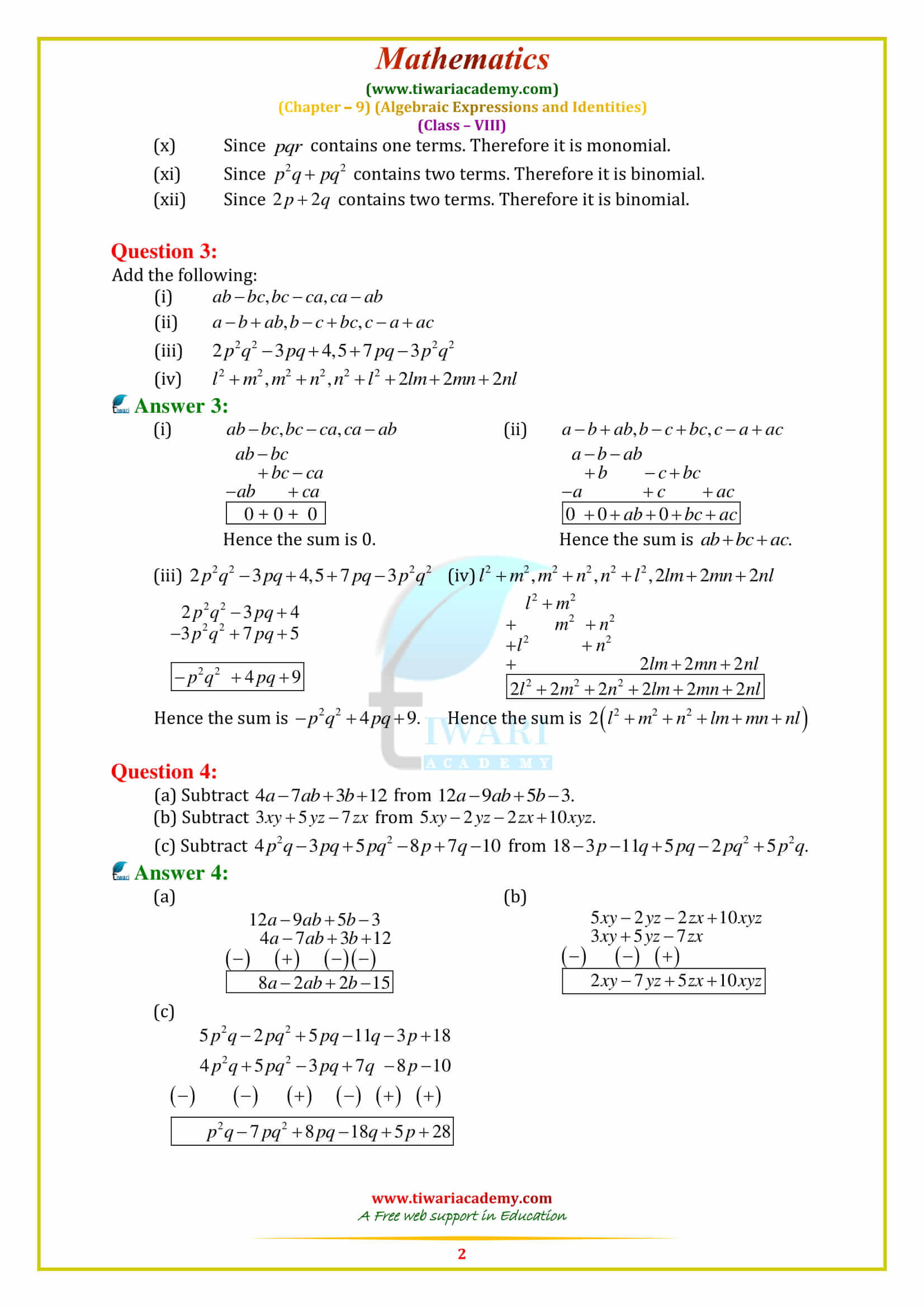 NCERT Solutions for Class 8 Maths Chapter 9 ALGEBRAIC EXPRESSIONS AND IDENTITIES in pdf form