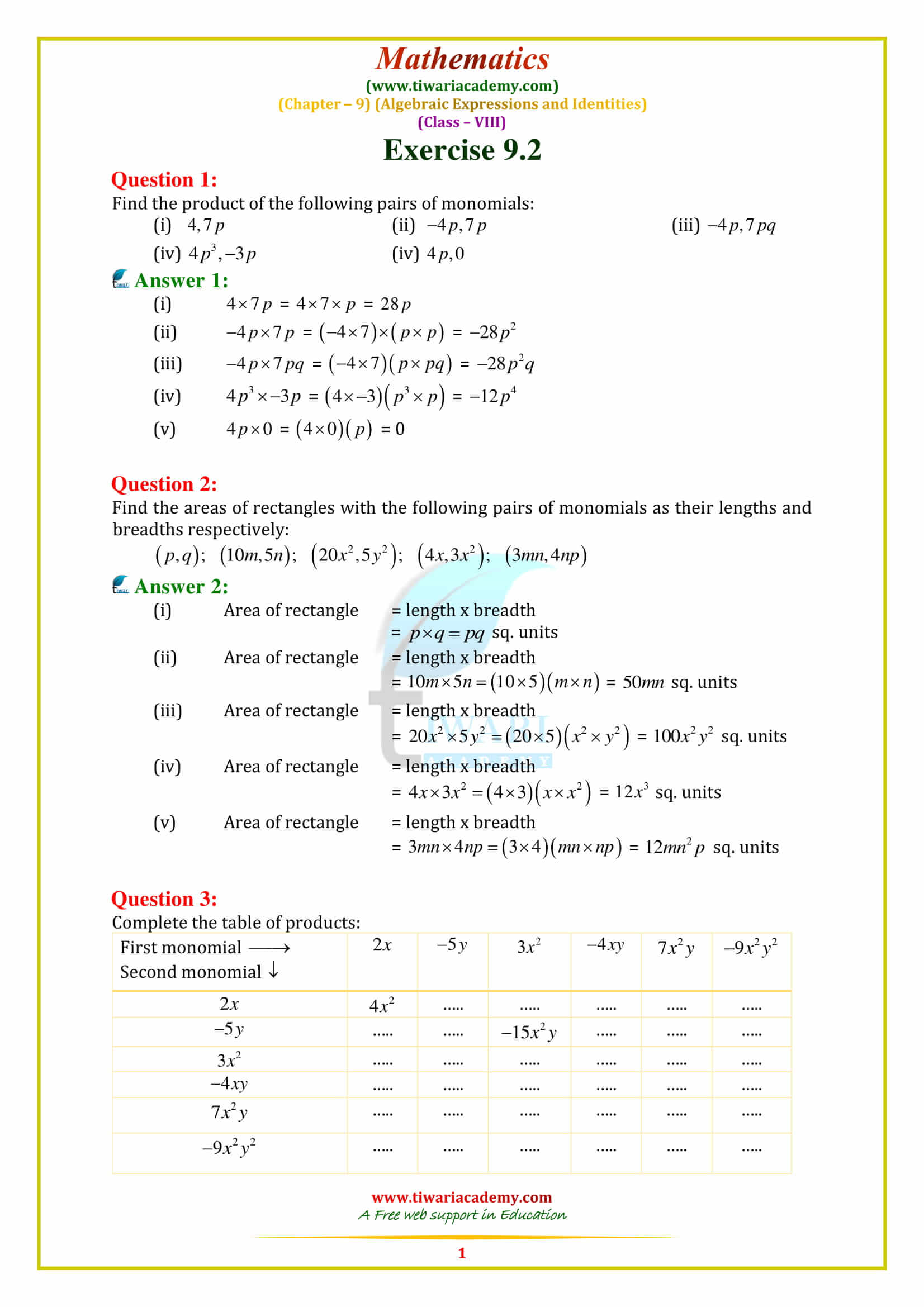 NCERT Solutions for Class 8 Maths Chapter 9 ALGEBRAIC EXPRESSIONS AND IDENTITIES exercise 9.2 in pdf