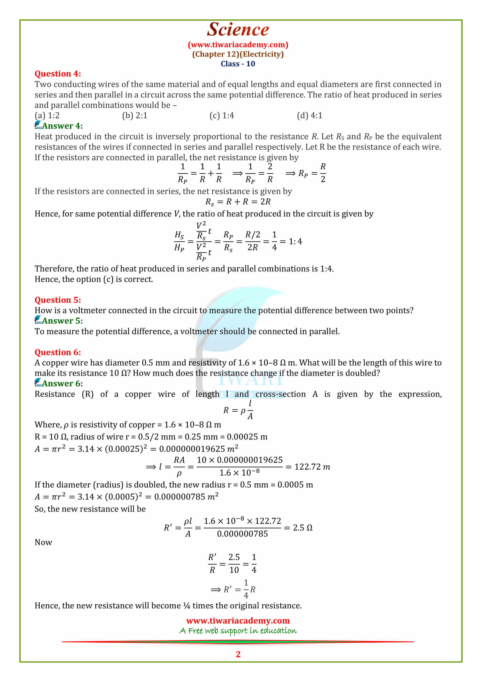 NCERT Solutions for Class 10 Science Chapter 12 Electricity Exercises