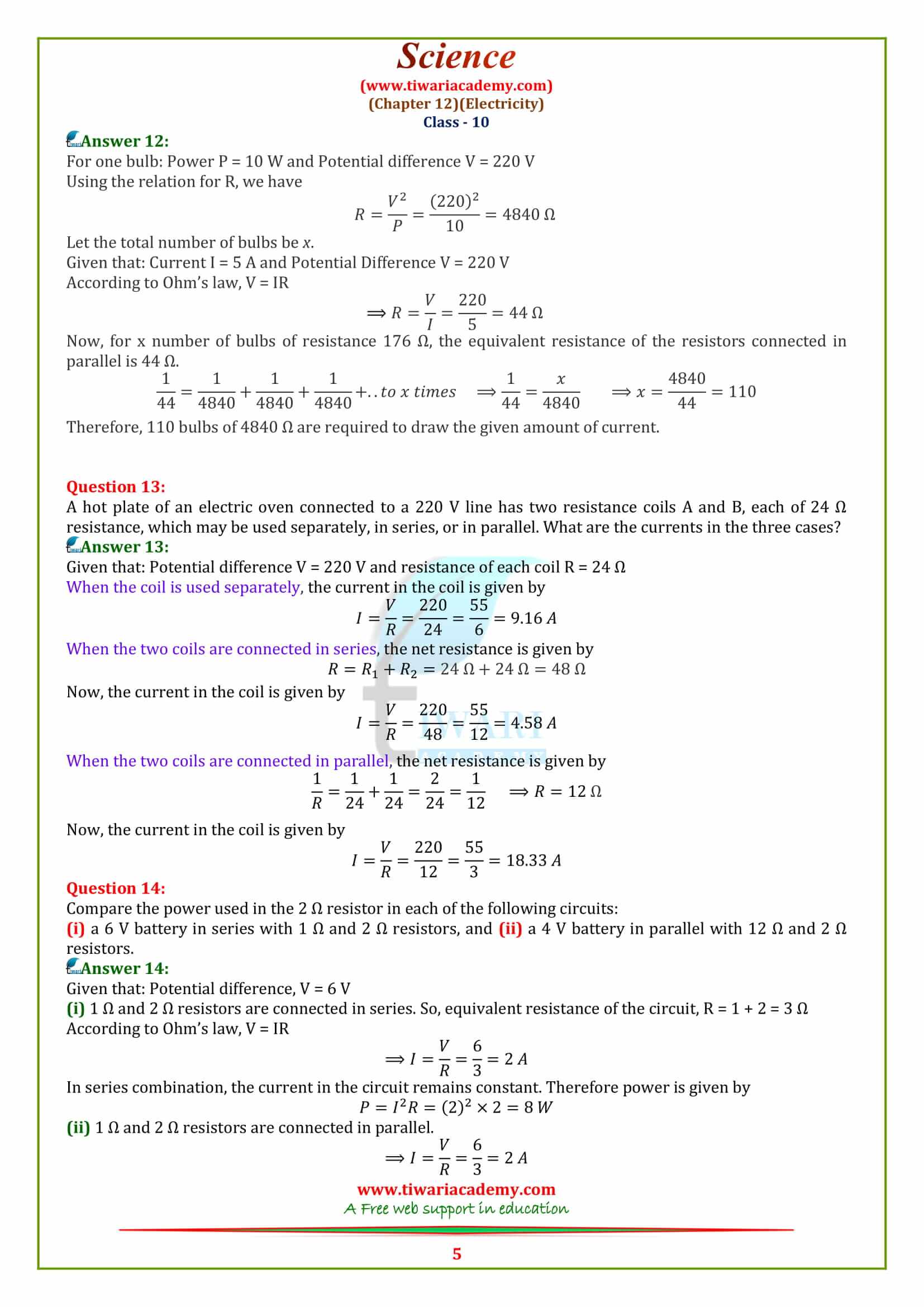 NCERT Solutions for Class 10 Science Chapter 12 Electricity Exercises free download