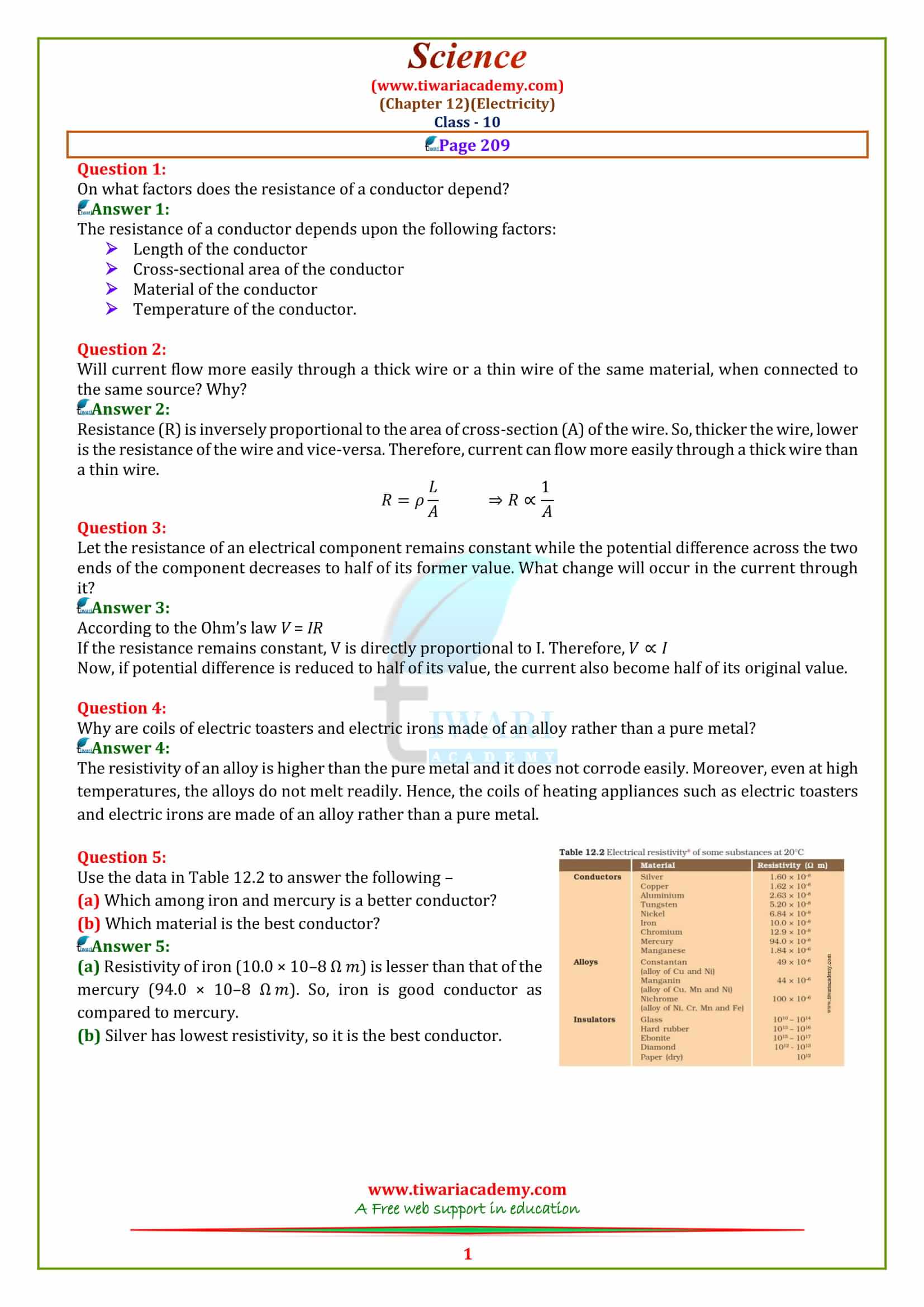NCERT Solutions for Class 10 Science Chapter 12 Electricity