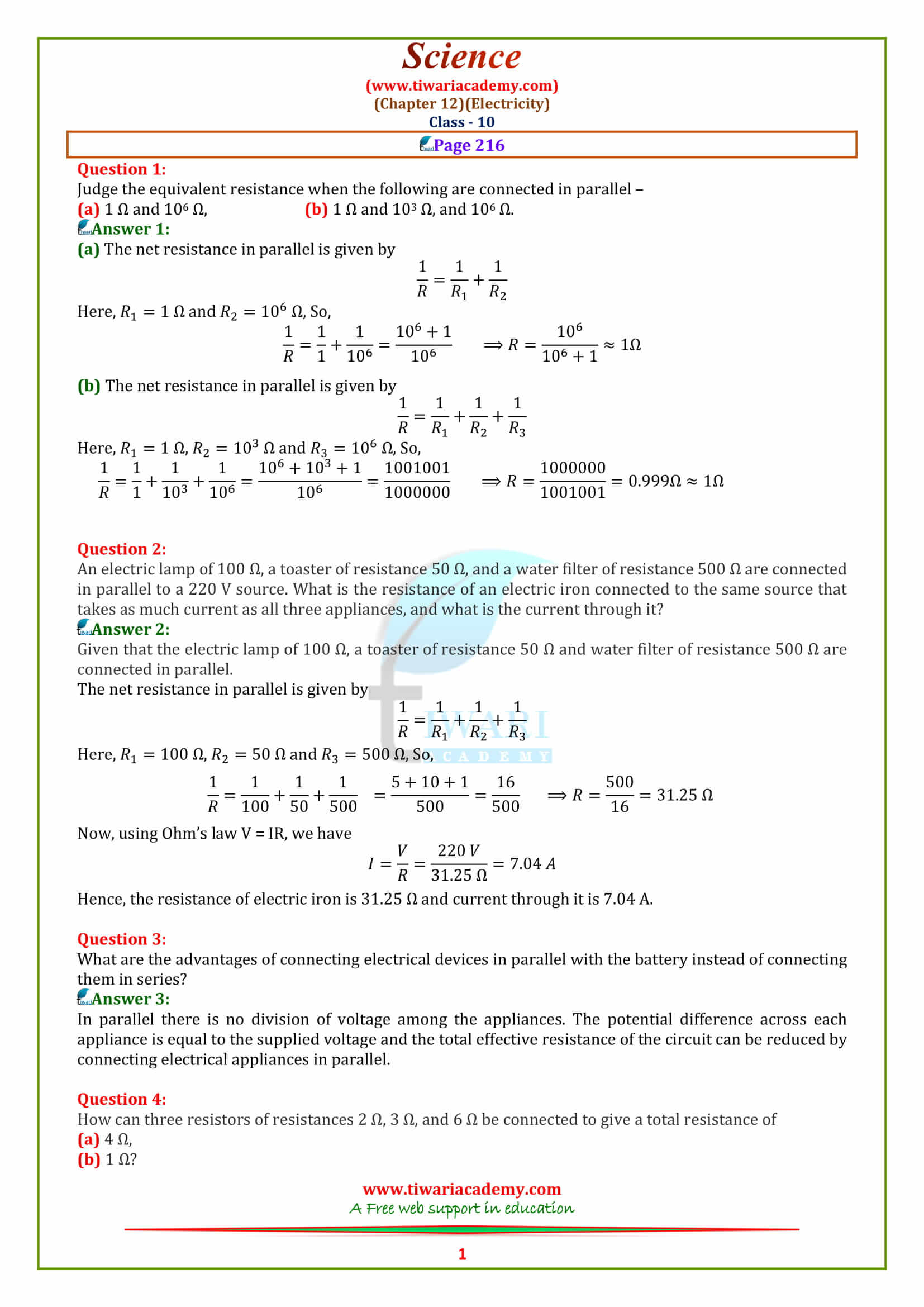NCERT Solutions for Class 10 Science Chapter 12 Electricity page 216