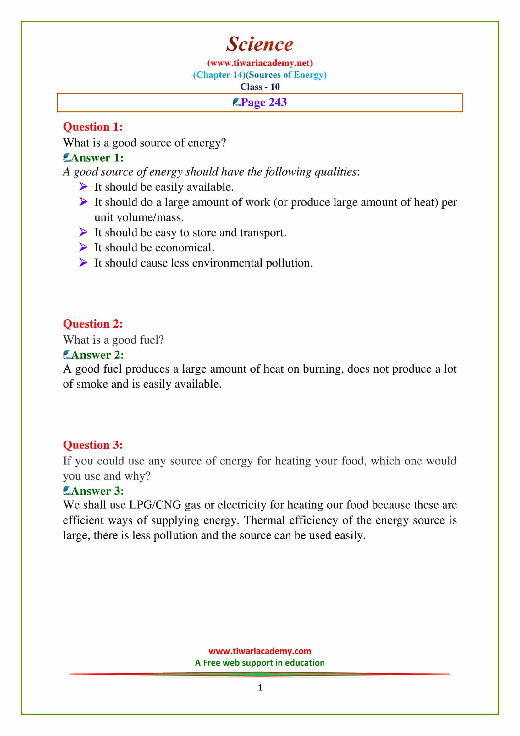 Class 10 Science Chapter 14 Sources of Energy page 243