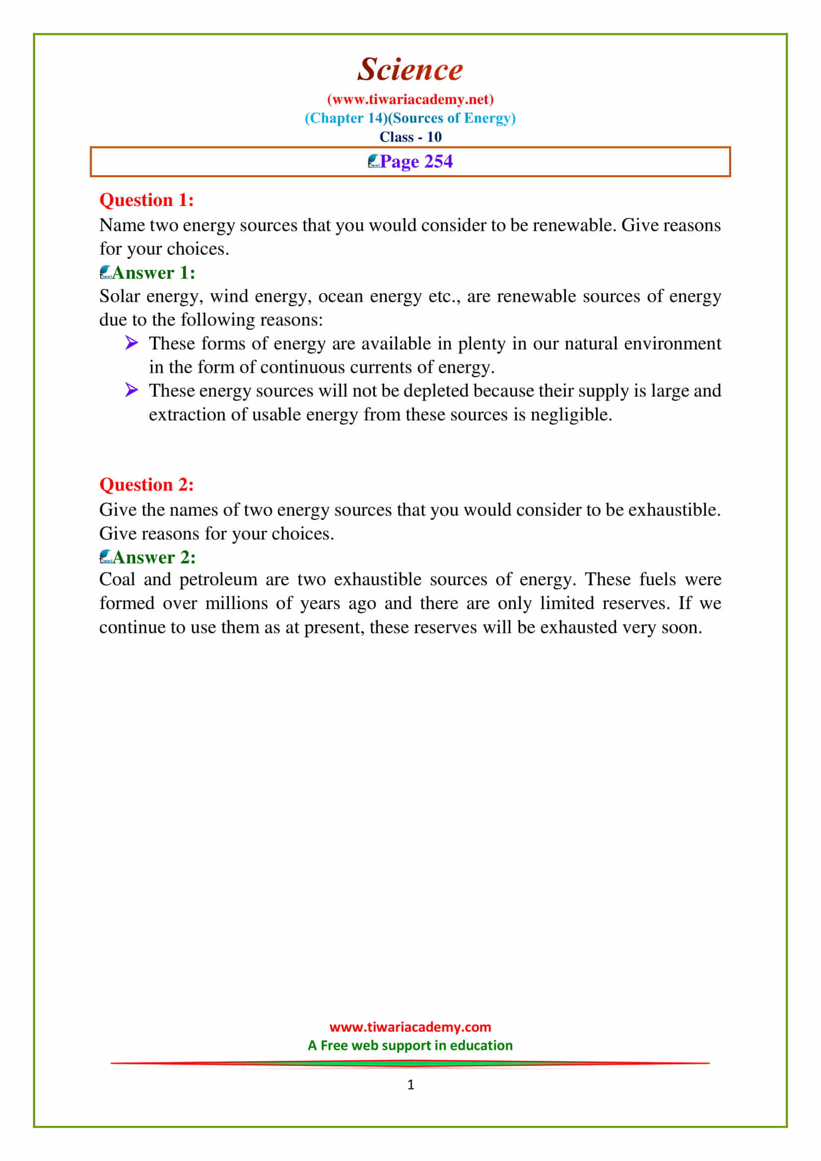 NCERT Solutions for Class 10 Science Chapter 14 Sources of Energy page 254