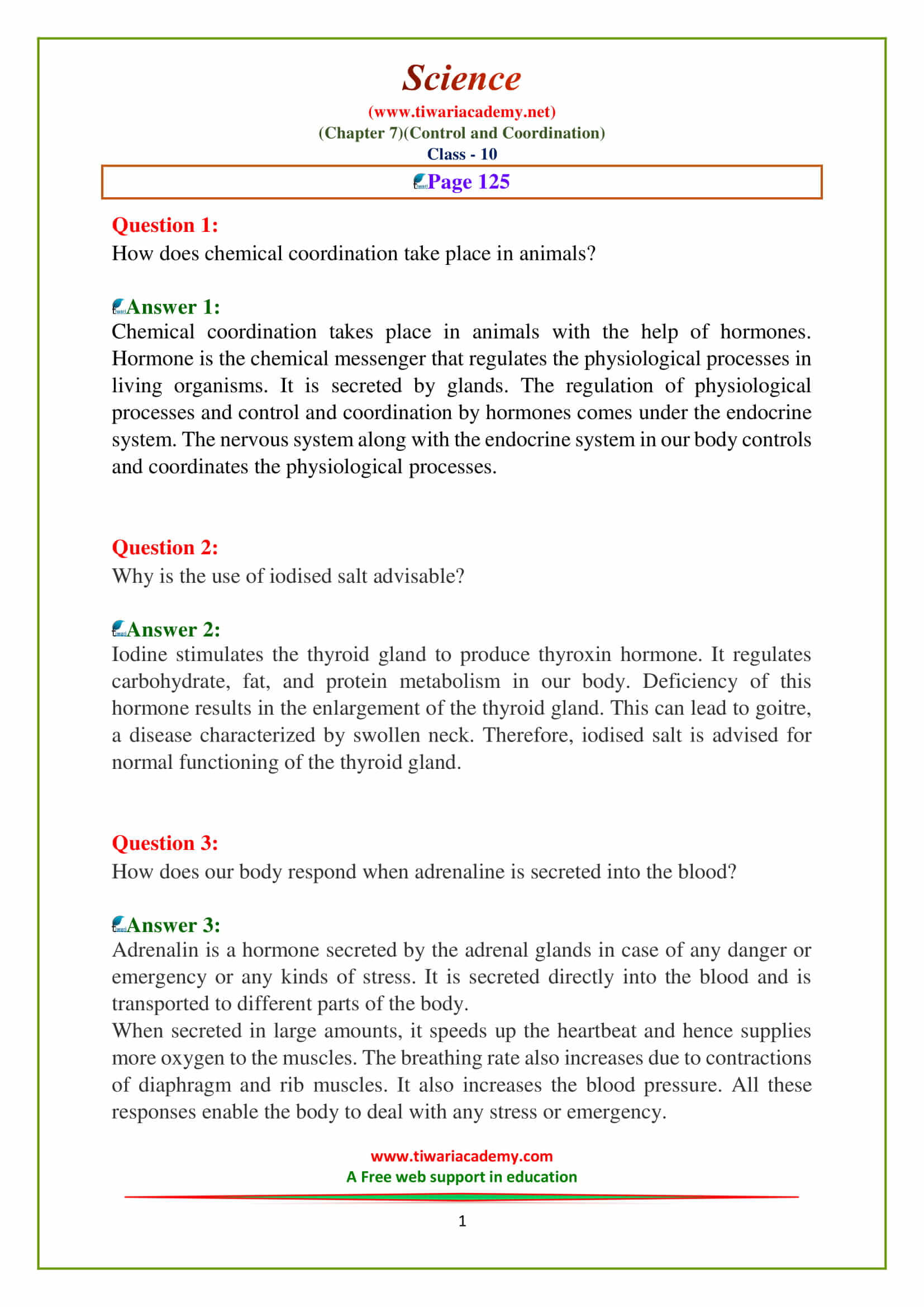 NCERT Solution for Class 10 Science Chapter 7 Control and Coordination