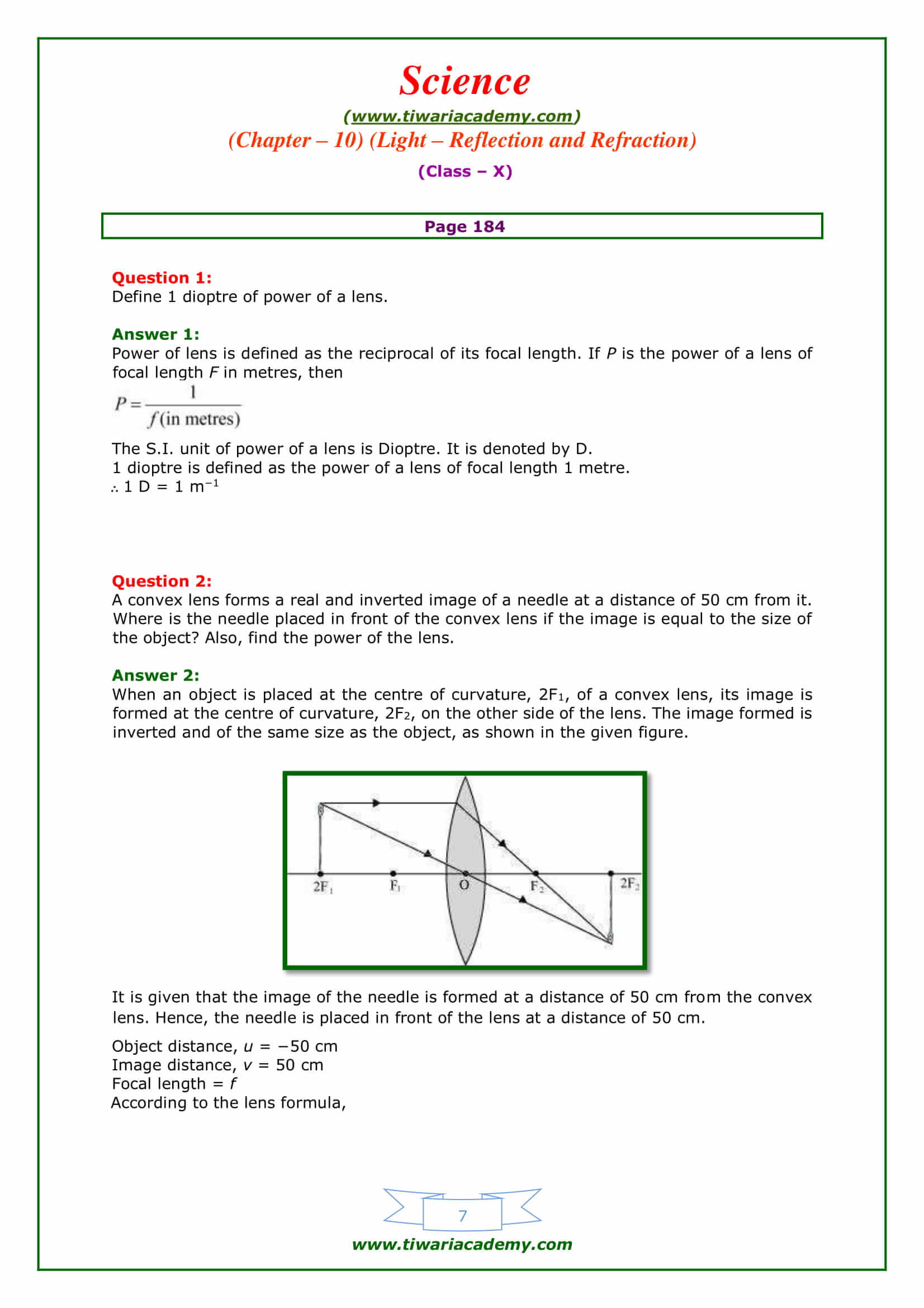 Solutions for Class 10 Science Chapter 10 Light – Reflection and Refraction Intext questions on page 184