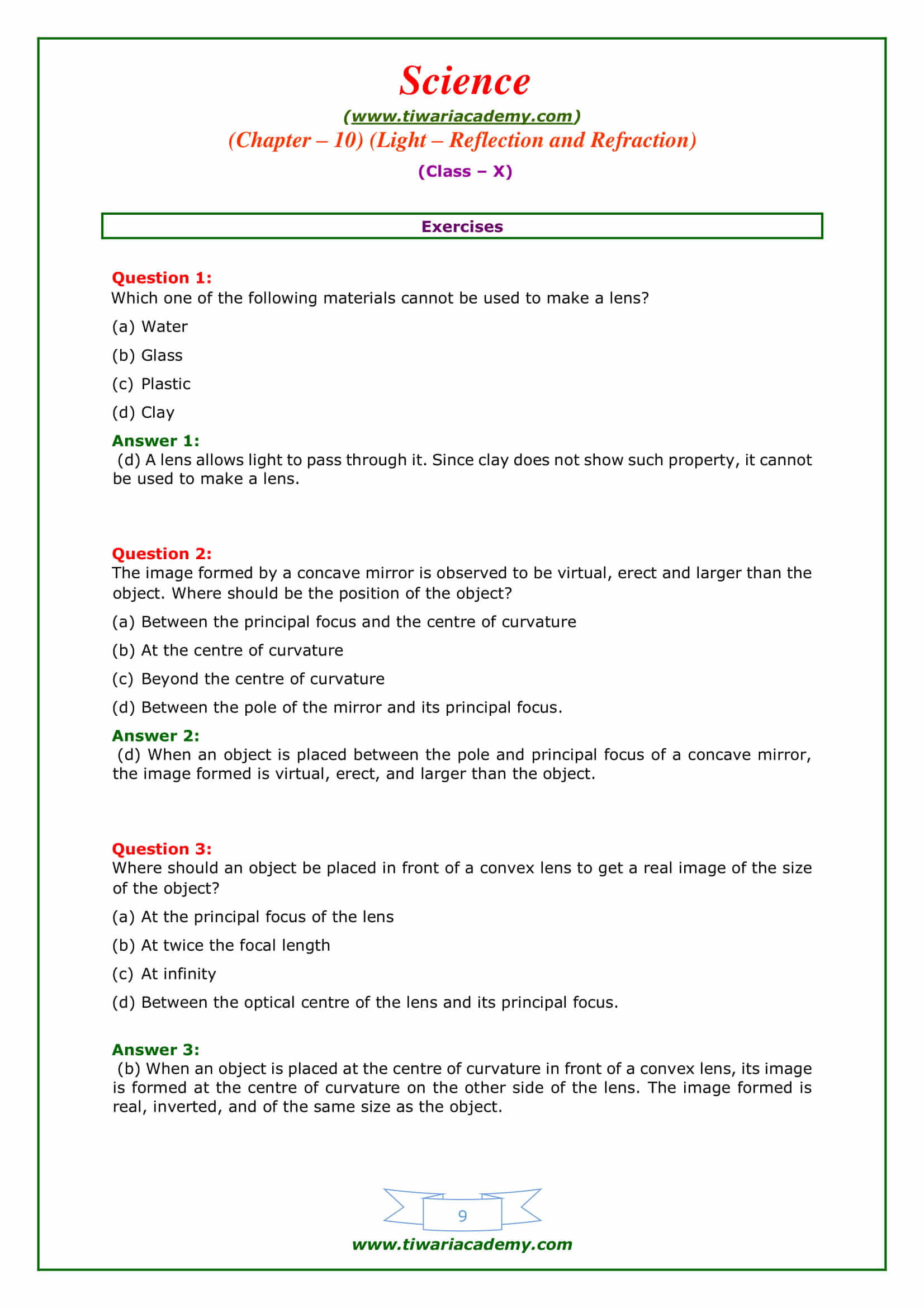 NCERT Solutions for Class 10 Science Chapter 10 Light – Reflection and Refraction Exercises answers