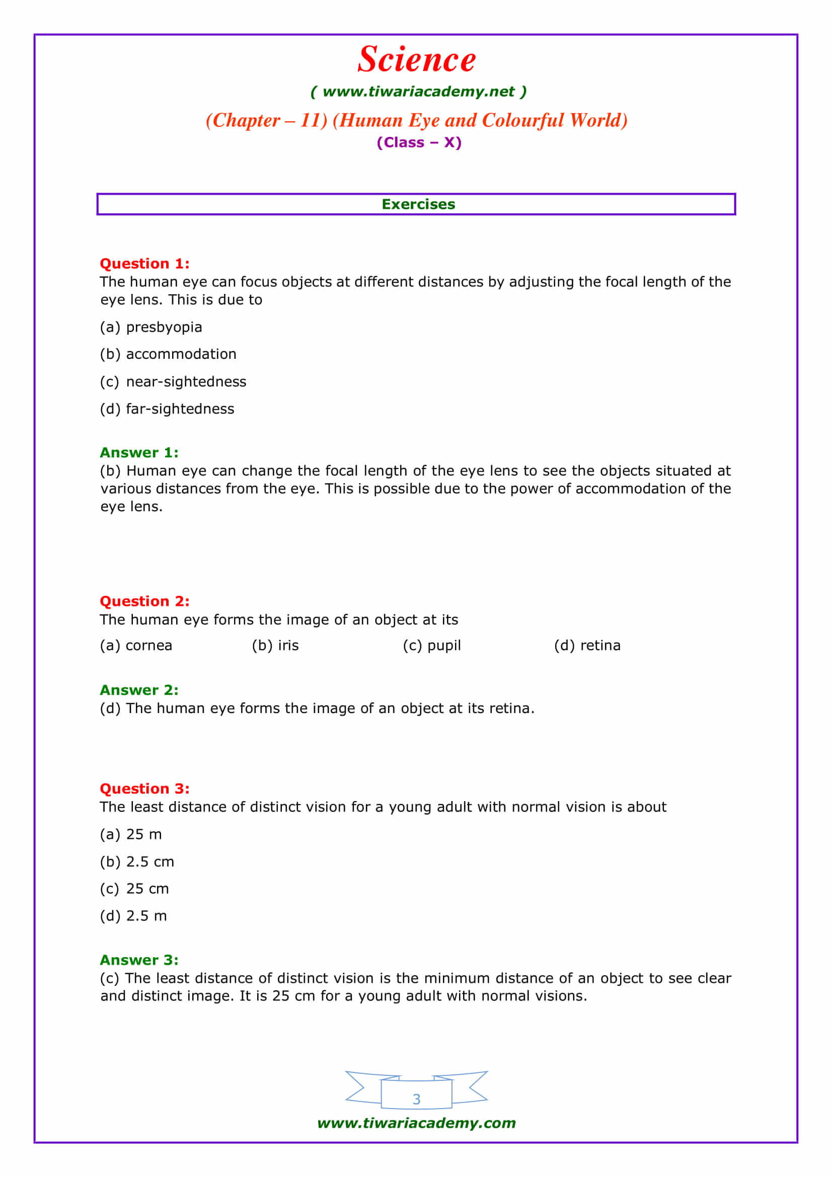 NCERT Solutions for Class 10 Science Chapter 11 Human eye and colorful world Exercises