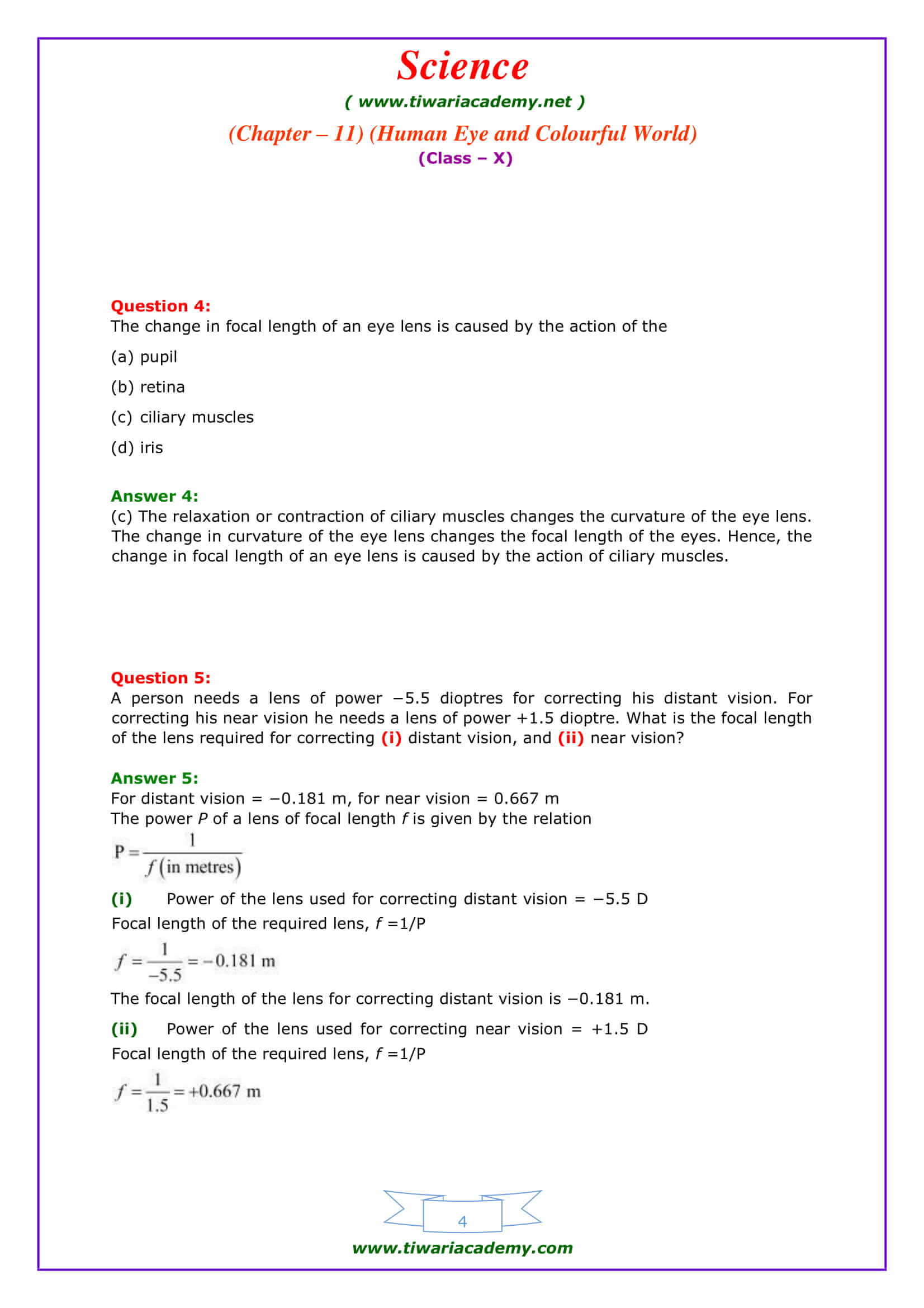 NCERT Solutions for Class 10 Science Chapter 11 Human eye and colorful world Exercises in pdf form free