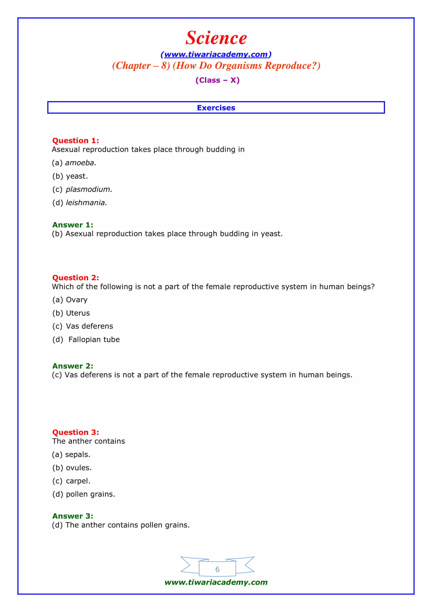 NCERT Solutions for Class 10 Science Chapter 8 How do Organisms Reproduce? Exercises