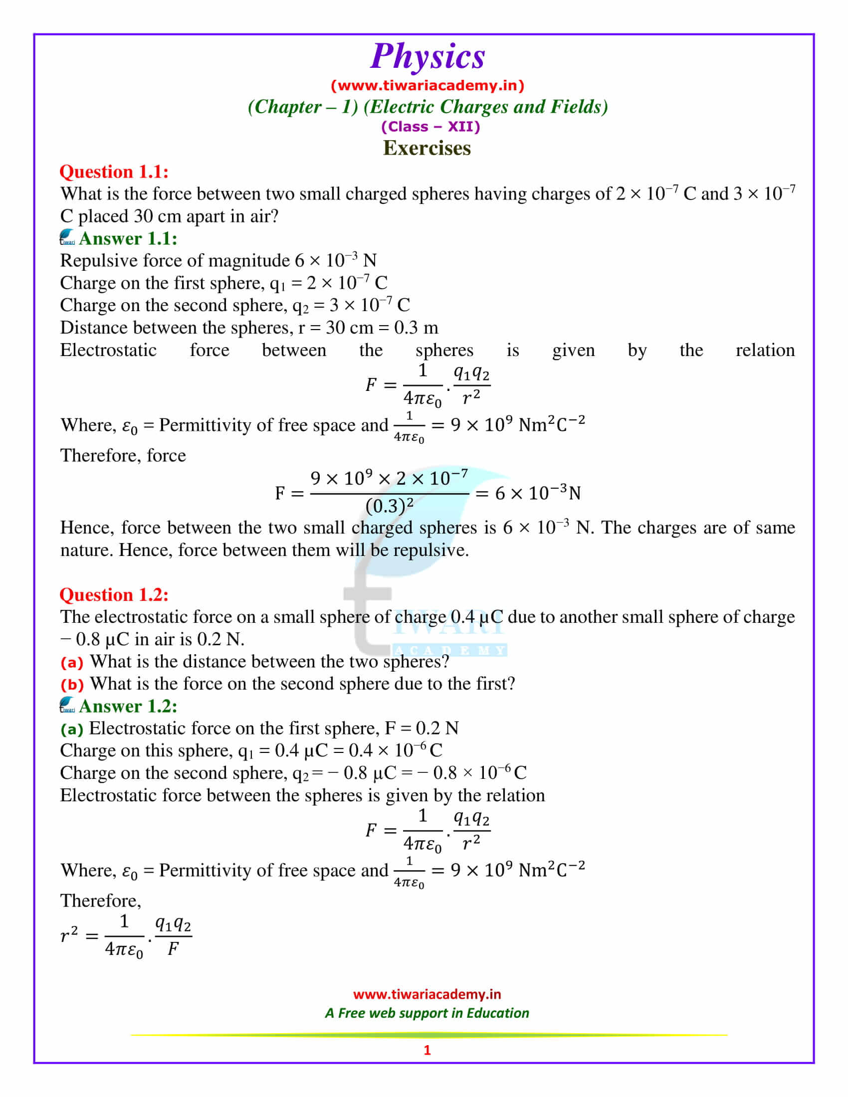 NCERT Solutions for Class 12 Physics Chapter 1 Electric Charges and Fields