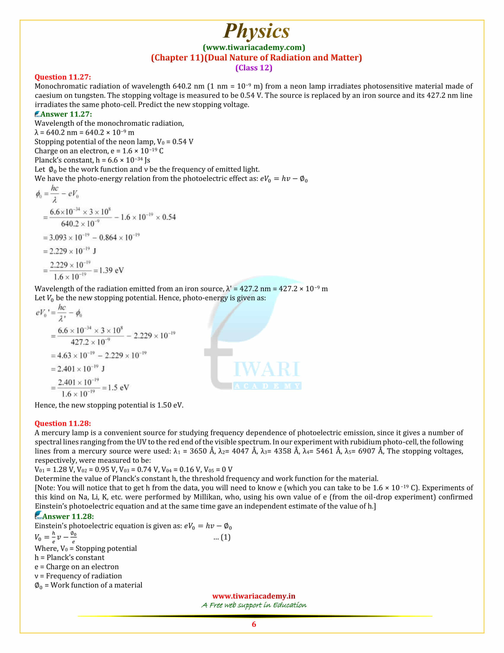 12 Physics Chapter 11 Dual Nature of Radiation and Matter additional exercises download in free pdf