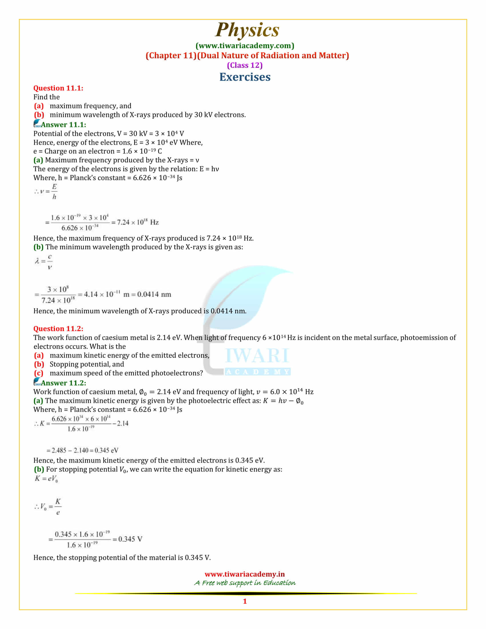 NCERT Solutions for Class 12 Physics Chapter 11 Dual Nature of Radiation and Matter