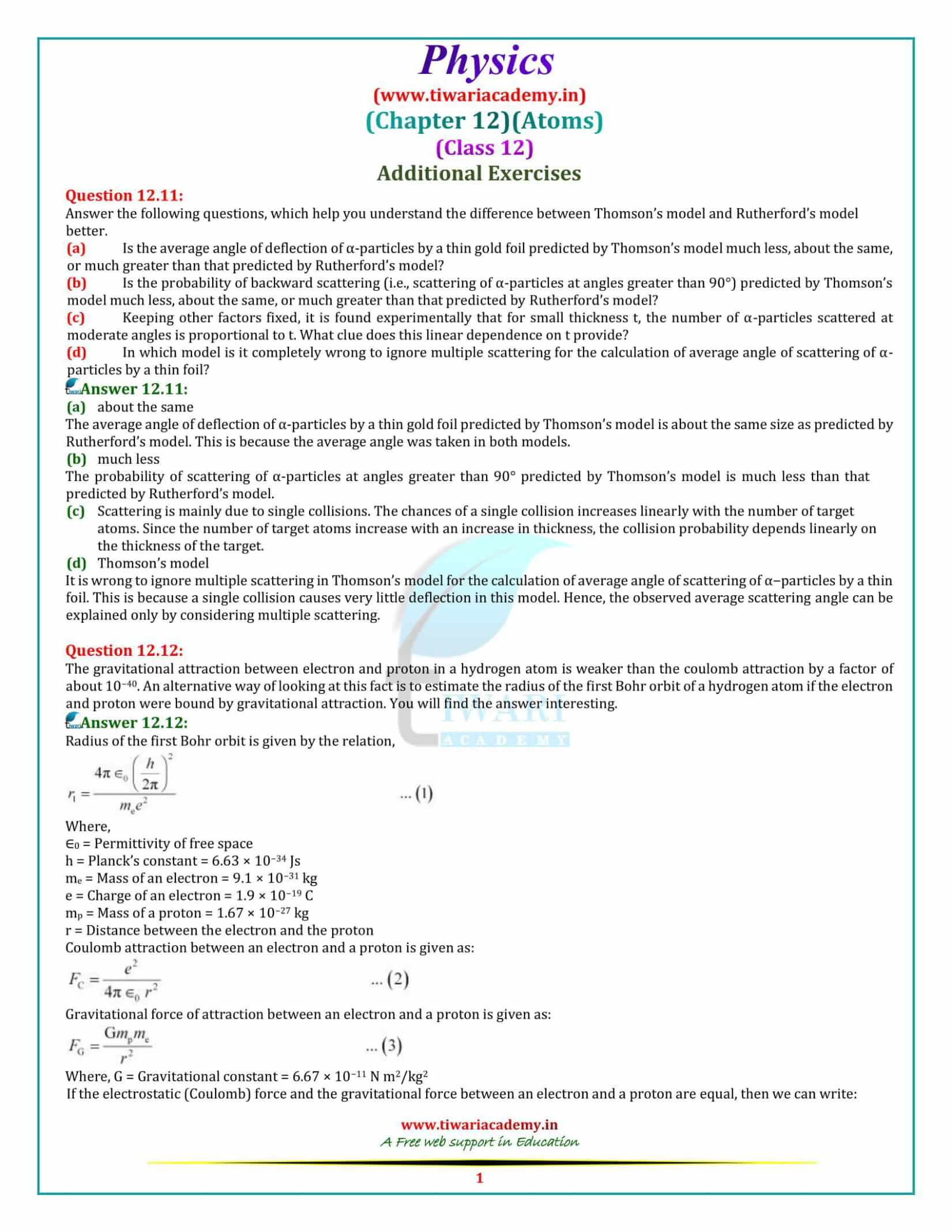 12 Physics Chapter 12 Atom additional exercises solutions