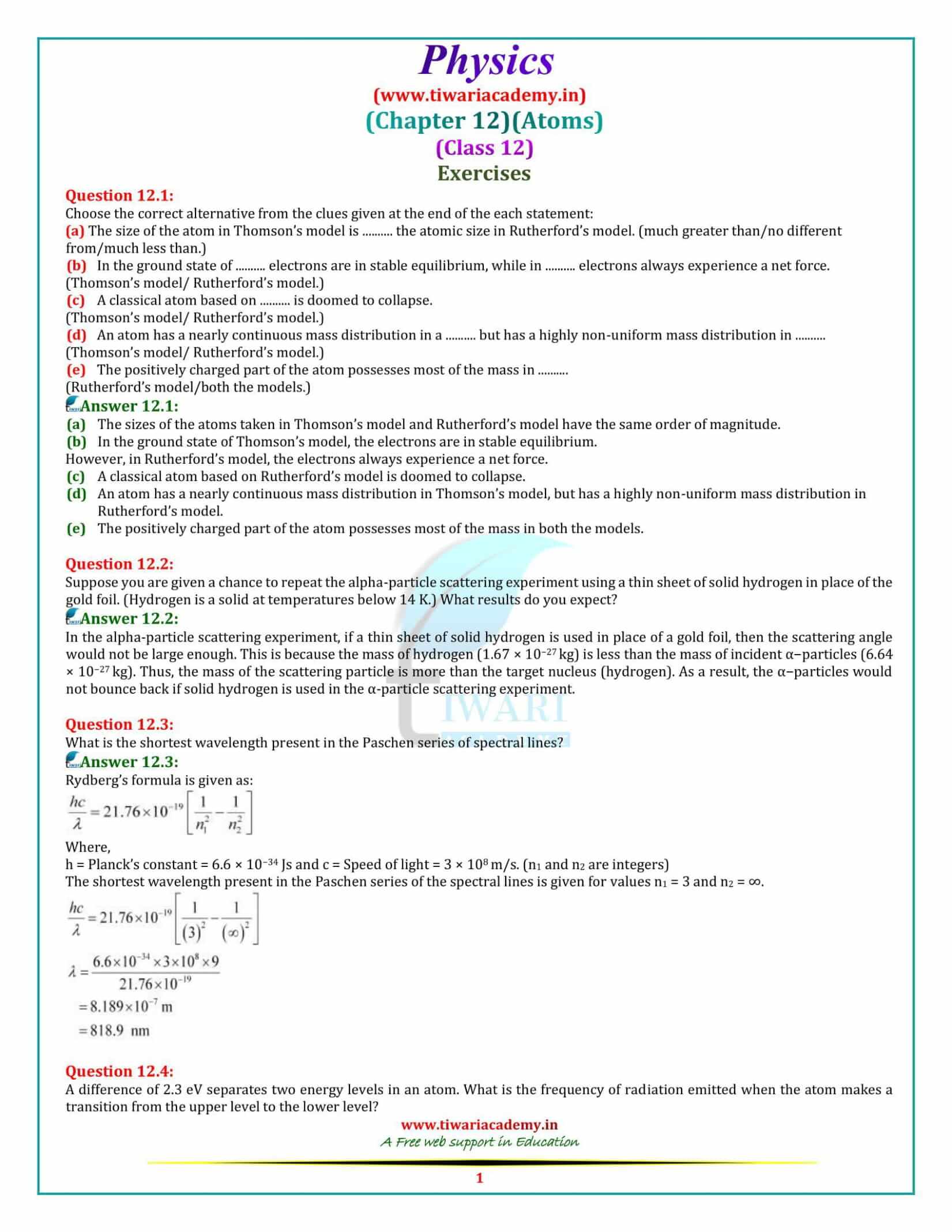 NCERT Solutions for Class 12 Physics Chapter 12 Atom