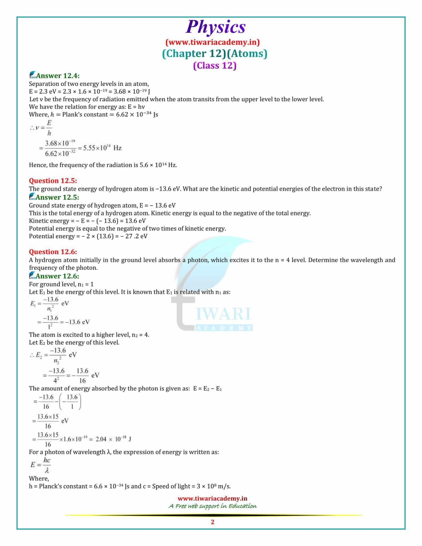 NCERT Solutions for Class 12 Physics Chapter 12 Atom in pdf form