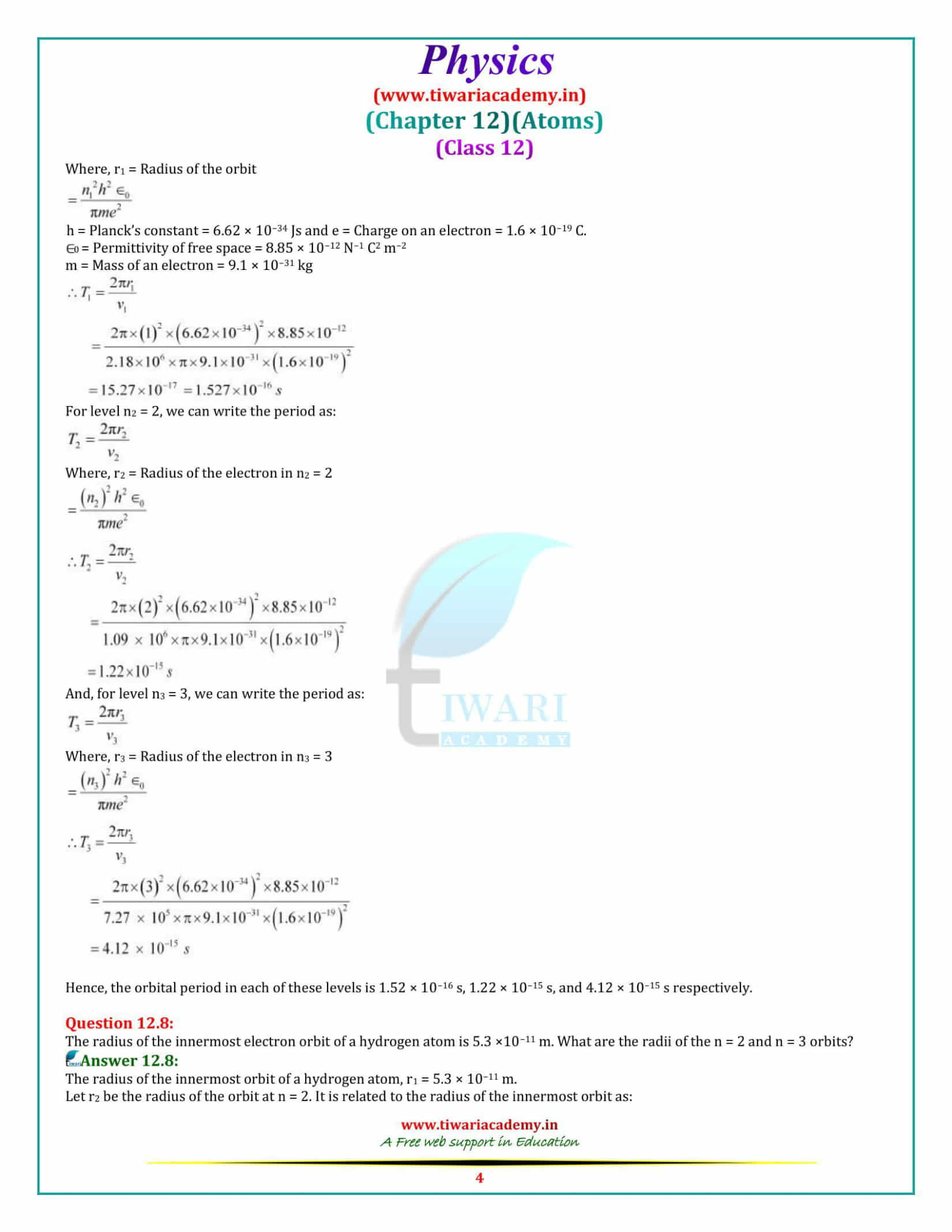 NCERT Solutions for Class 12 Physics Chapter 12 Atom all numerical problems