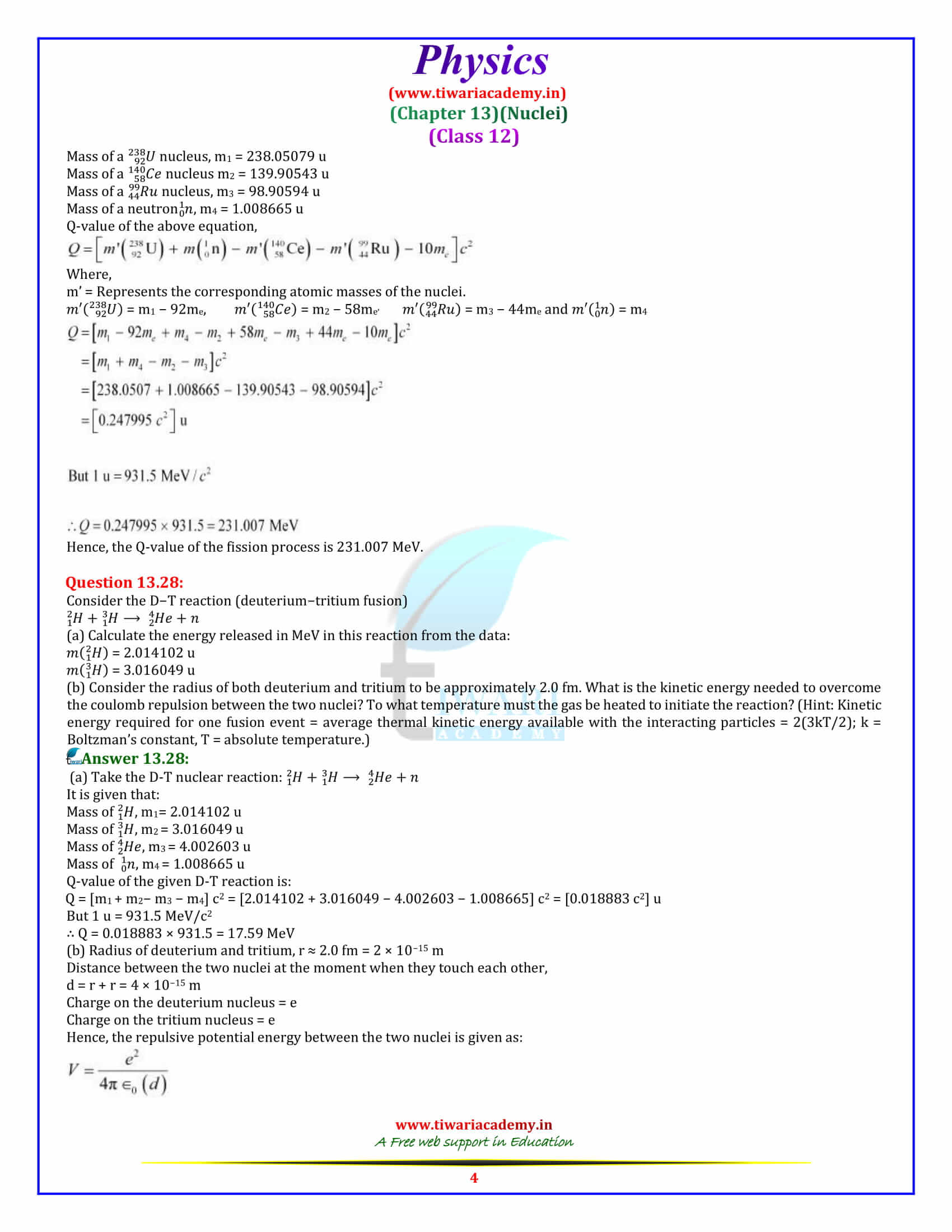 12 Physics Chapter 13 Nuclei additional exercises in pdf download