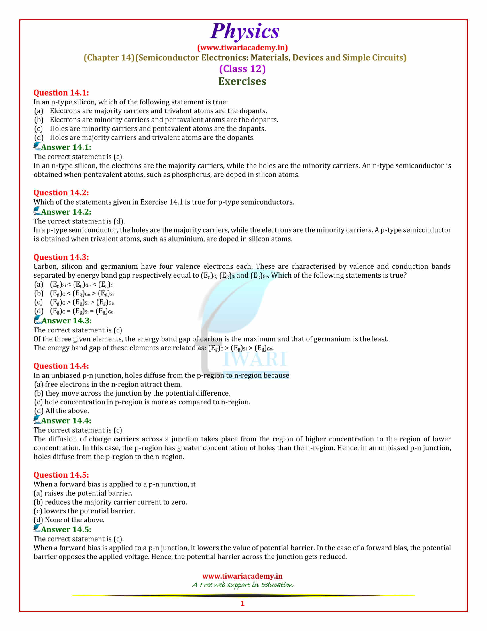 NCERT Solutions for Class 12 Physics Chapter 14 Semiconductor Electronics