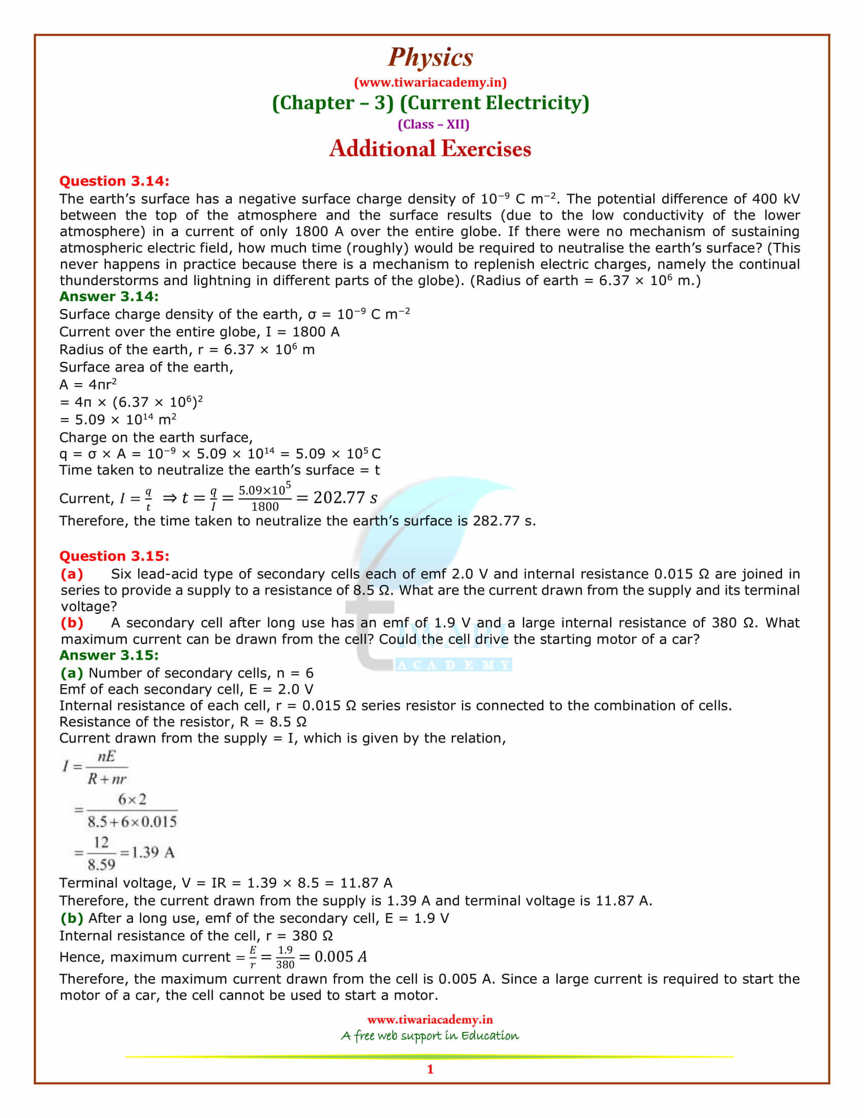 NCERT Solutions for Class 12 Physics Chapter 3 Current Electricity additional exercises