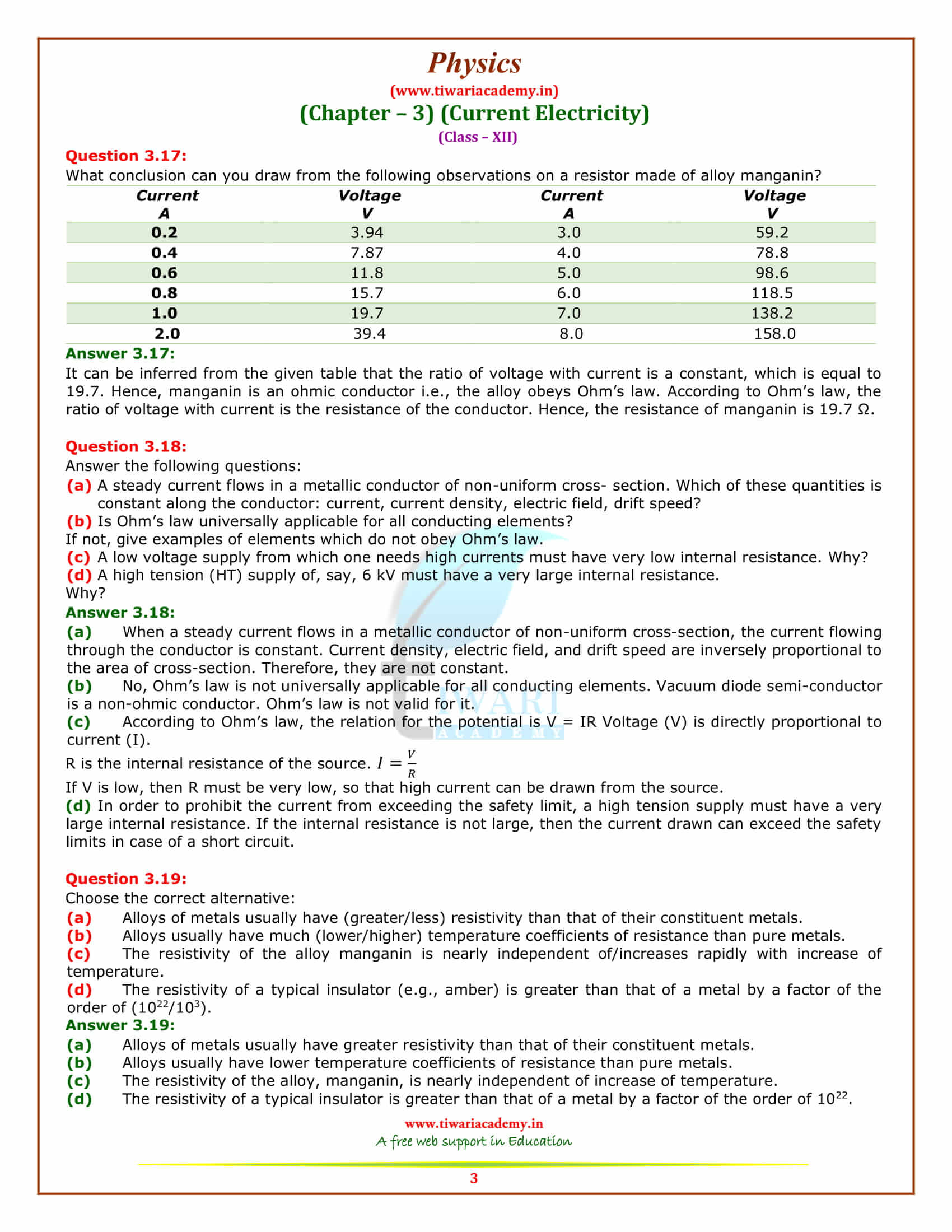 NCERT Solutions for Class 12 Physics Chapter 3 Current Electricity additional exercises in english