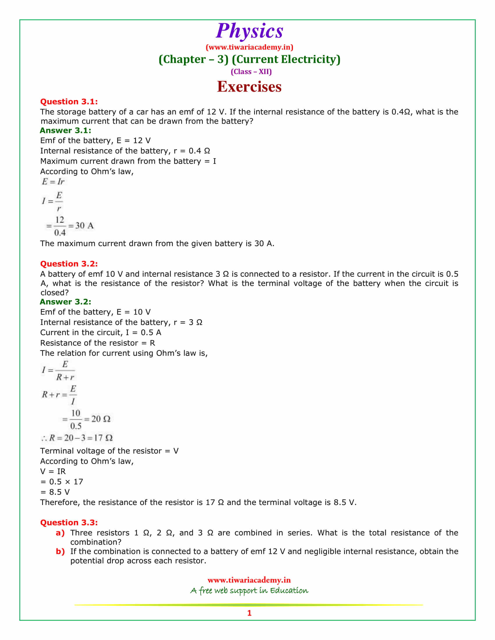 NCERT Solutions for Class 12 Physics Chapter 3 Current Electricity question answrs