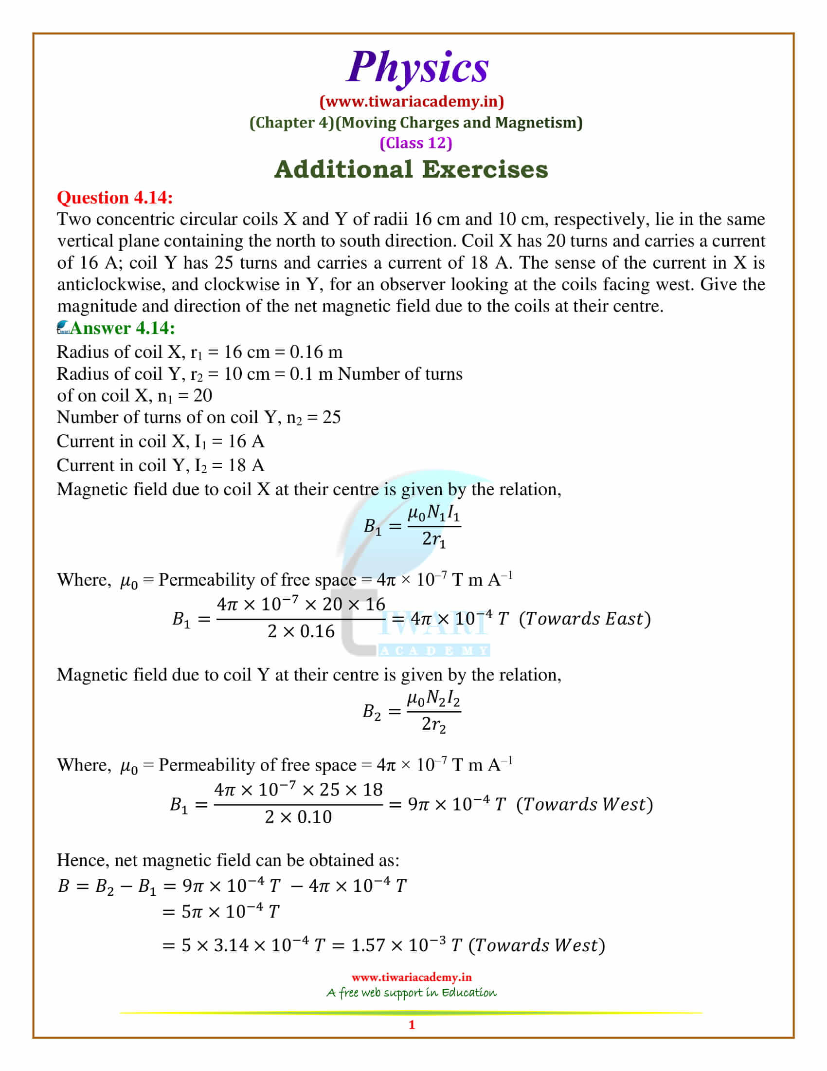 12 Physics Chapter 3 Moving Charges and Magnetism additional exercises