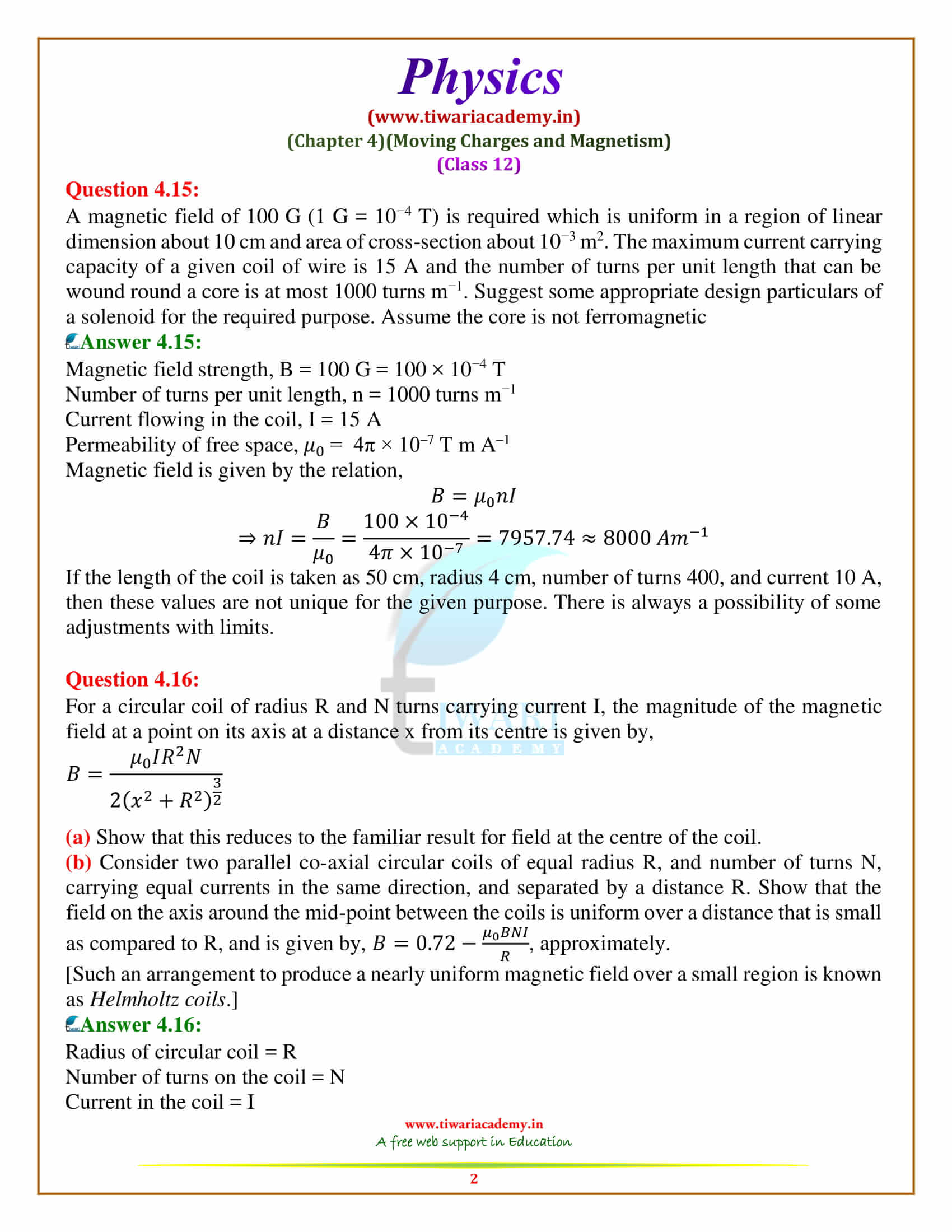 12 Physics Chapter 3 Moving Charges and Magnetism additional exercises solutions