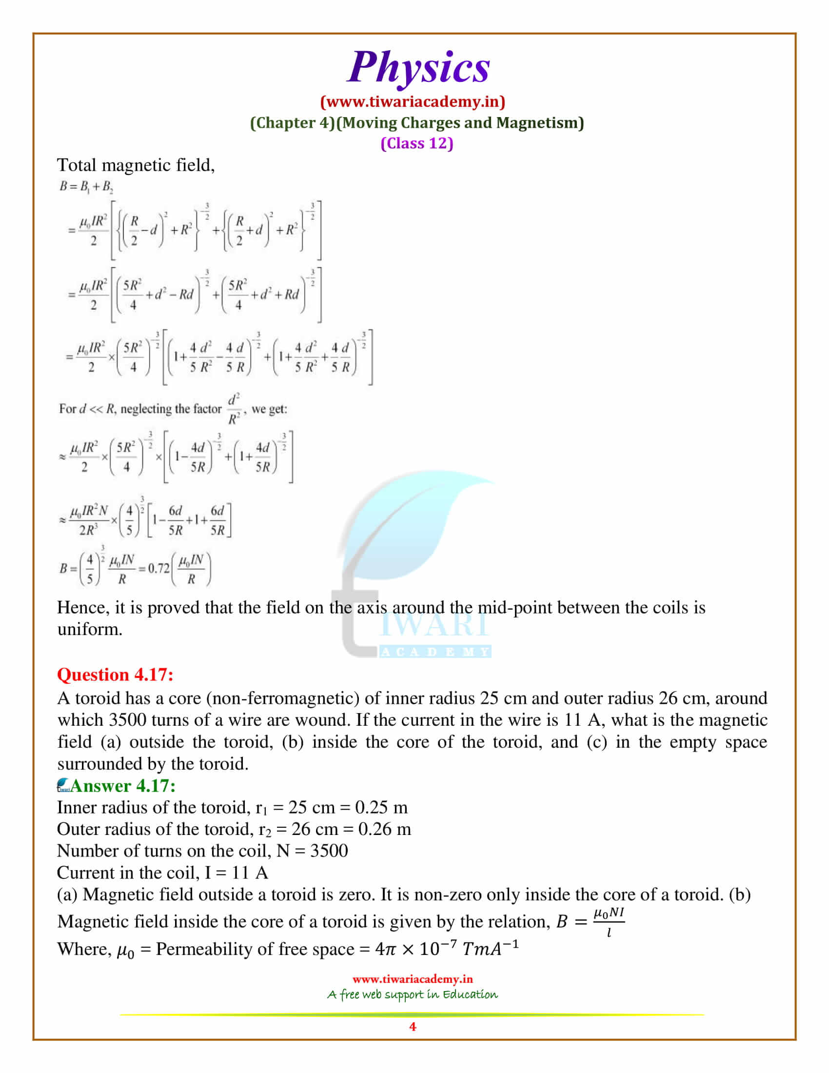 12 Physics Chapter 3 Moving Charges and Magnetism additional exercises all questions solutions