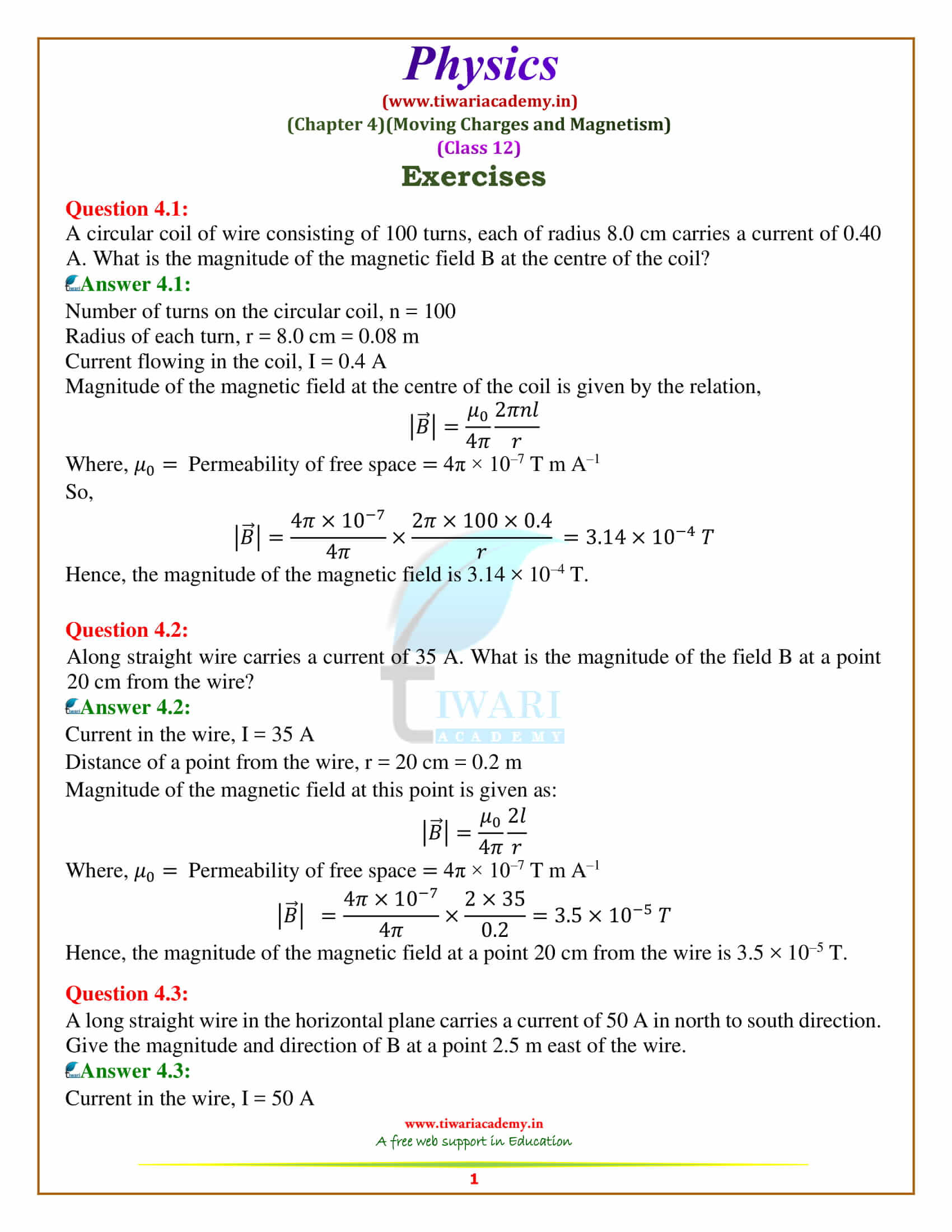 NCERT Solutions for Class 12 Physics Chapter 4 Moving Charges and Magnetism