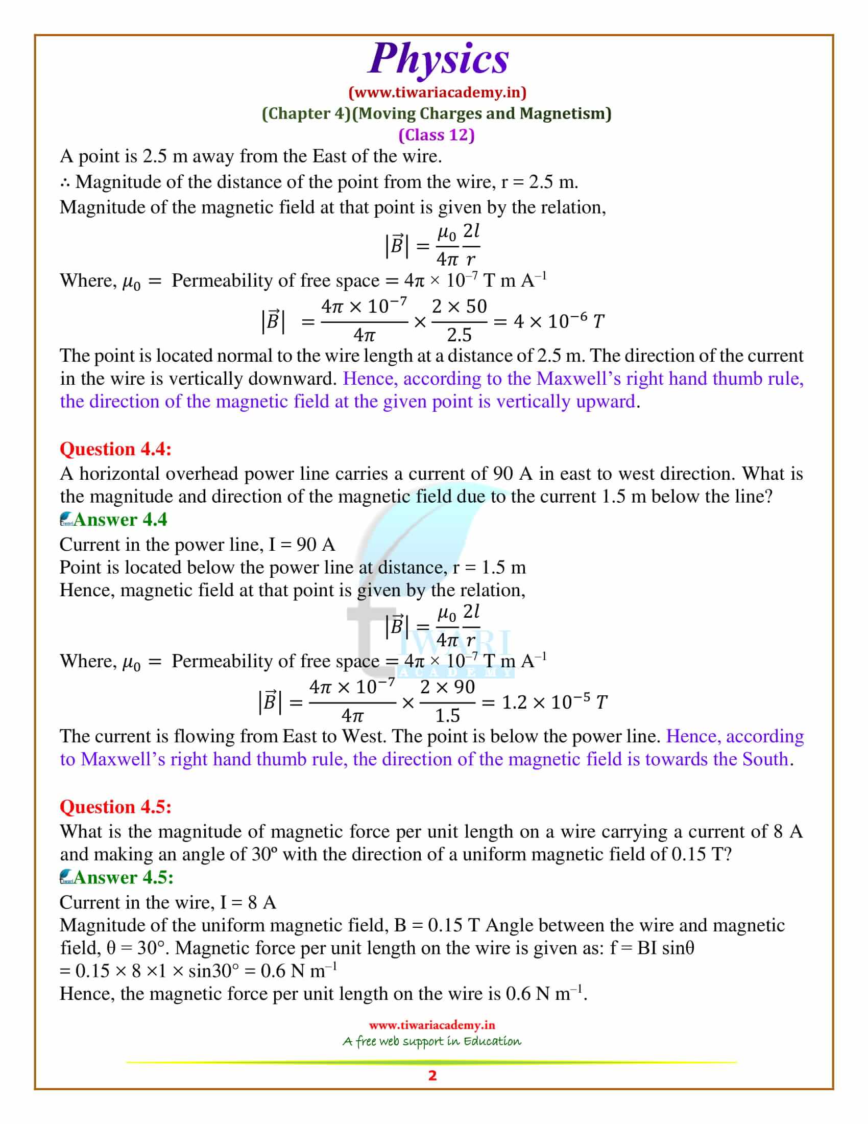 NCERT Solutions for Class 12 Physics Chapter 4 Moving Charges and Magnetism in pdf