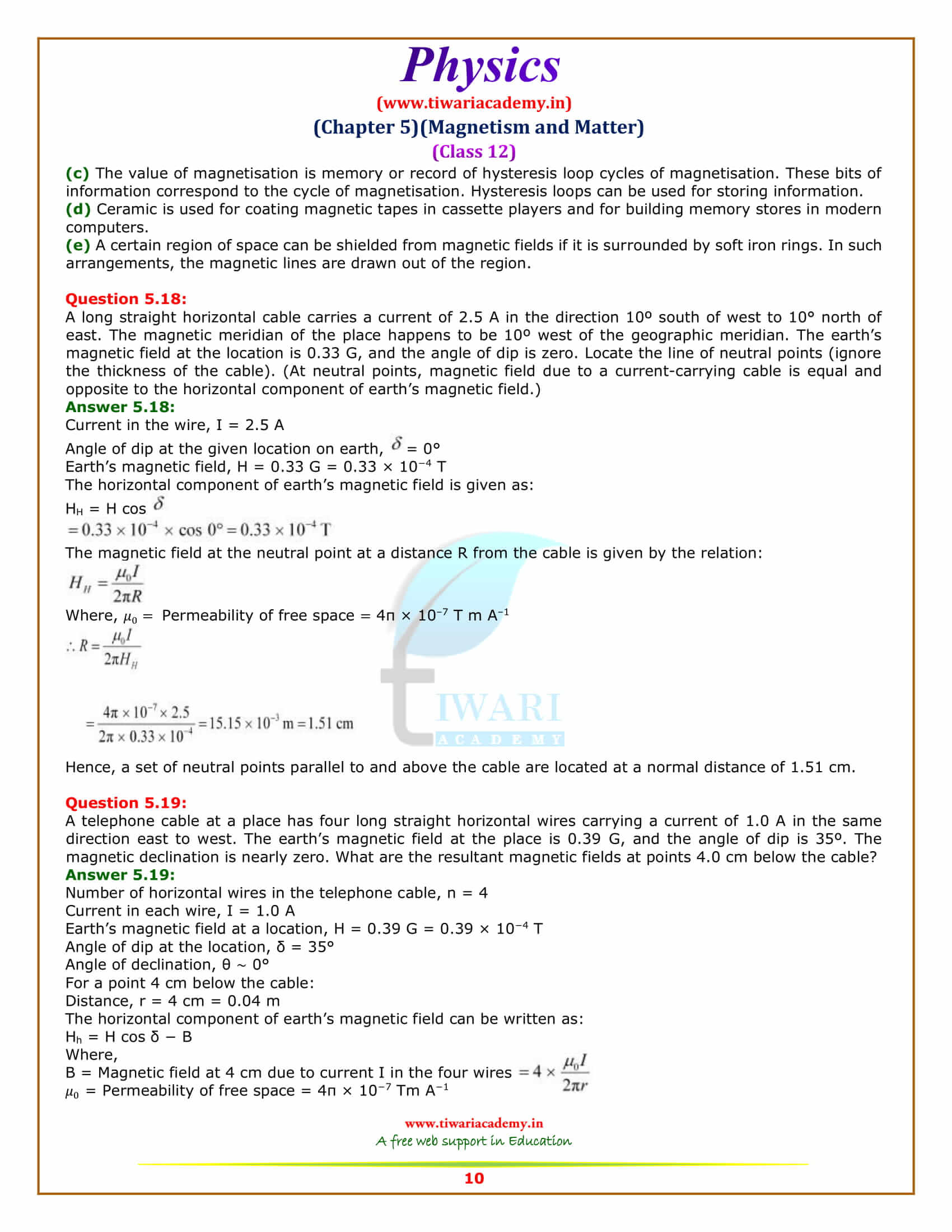 12 Physics Chapter 5 Magnetism and Matter additional exercises sols