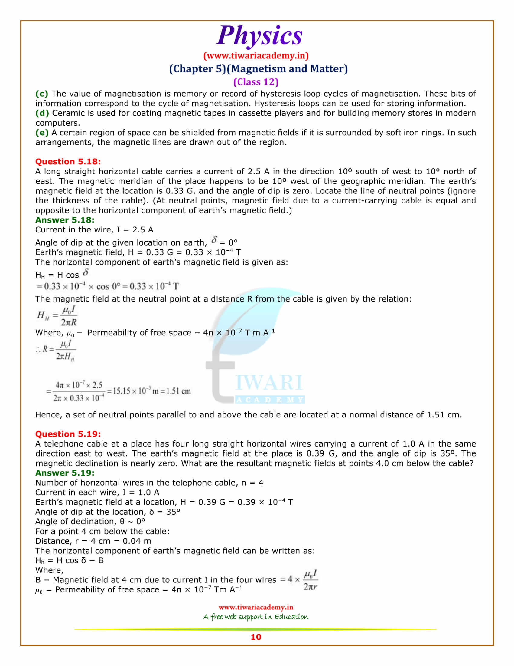 12 Physics Chapter 5 Magnetism and Matter additional exercises sols