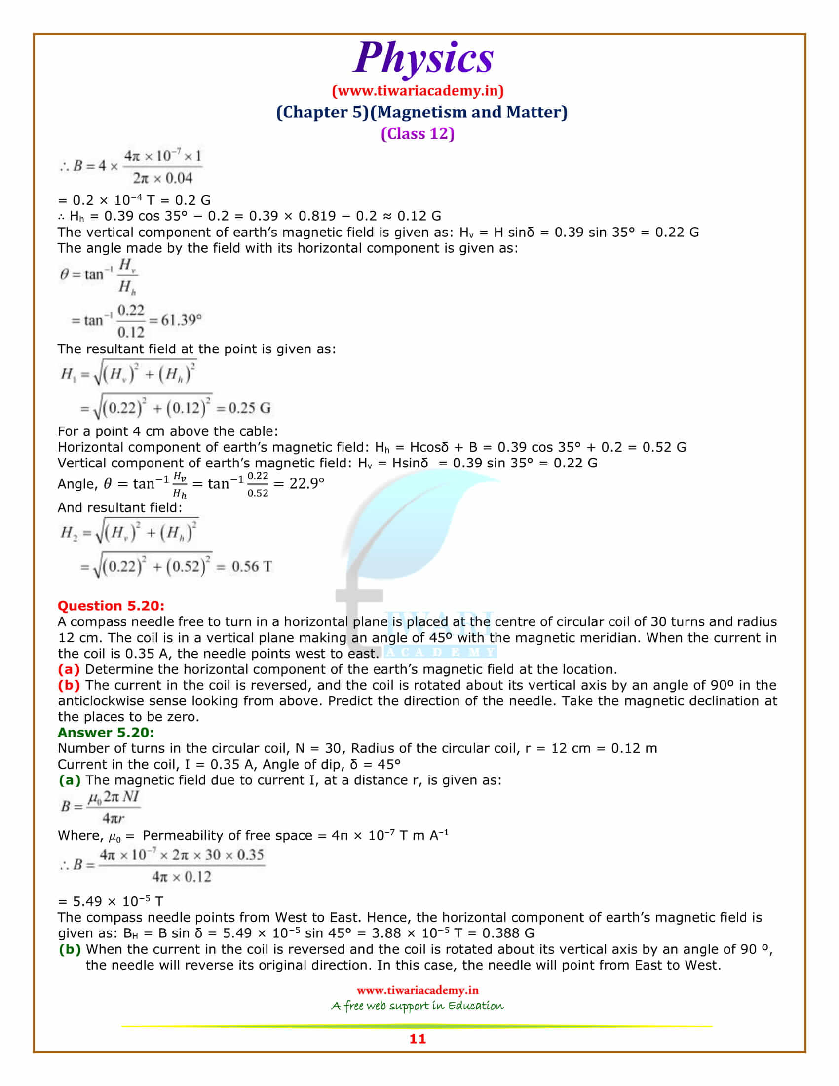 12 Physics Chapter 5 Magnetism and Matter additional exercises question answers in pdf form