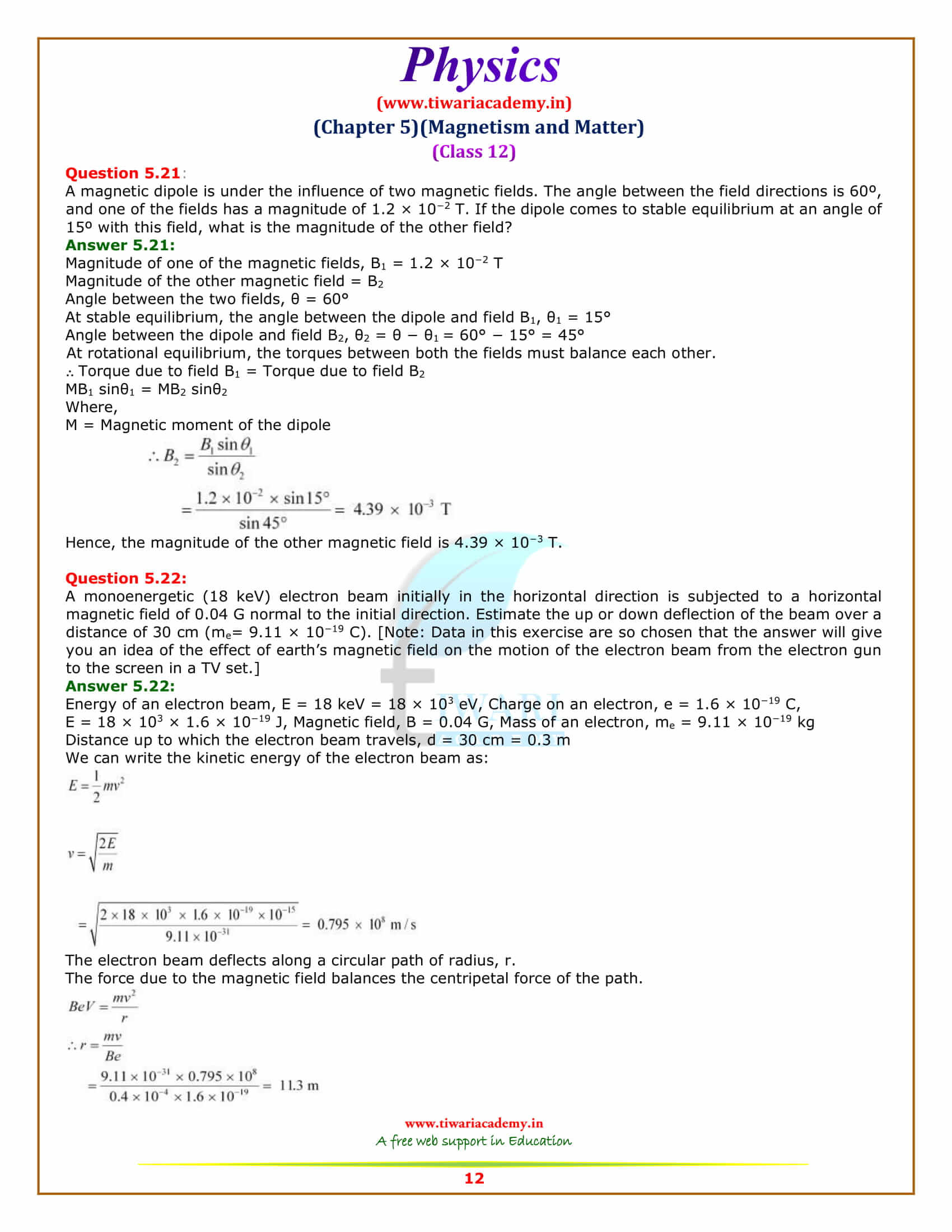 12 Physics Chapter 5 Magnetism and Matter additional exercises solutions in pdf
