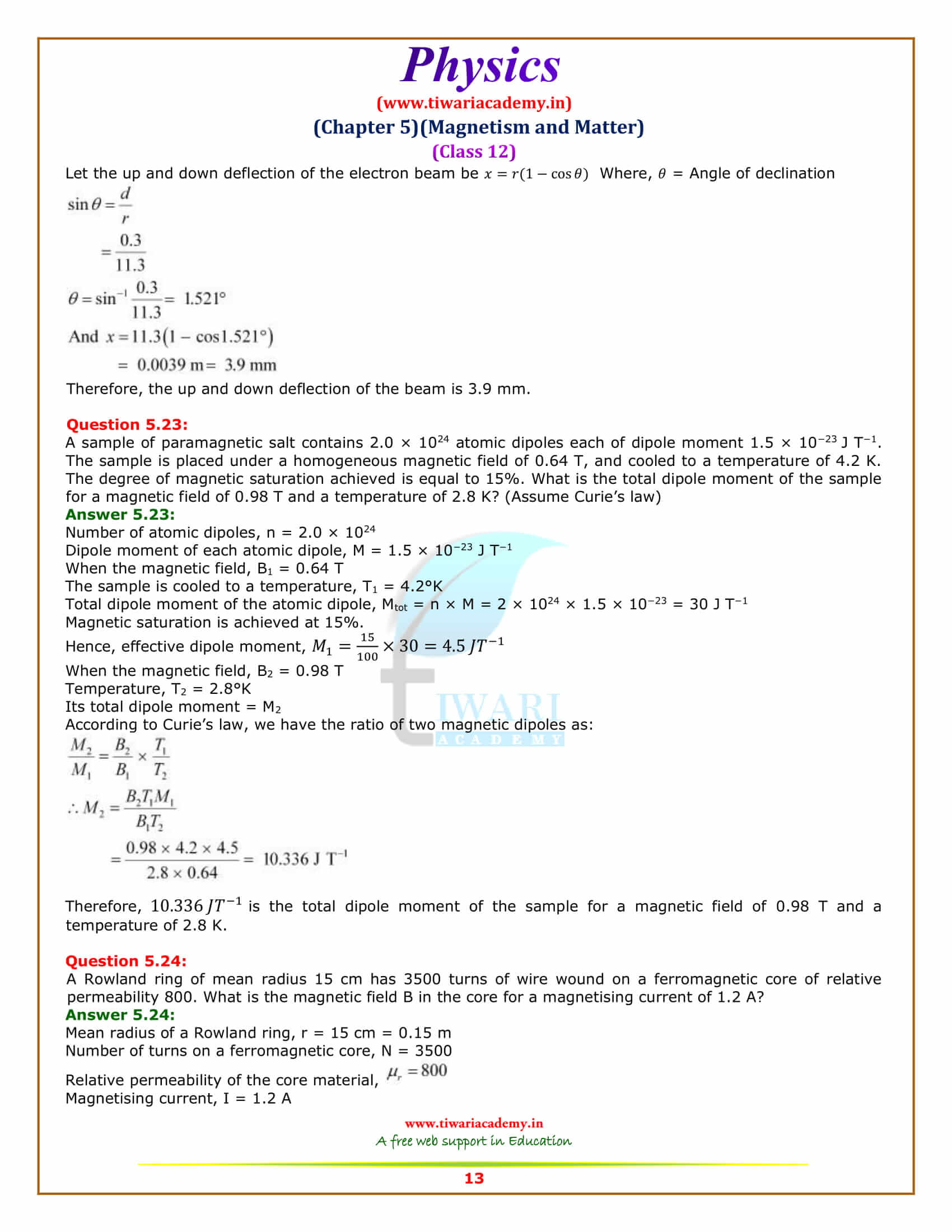 12 Physics Chapter 5 Magnetism and Matter additional exercises answers download in pdf