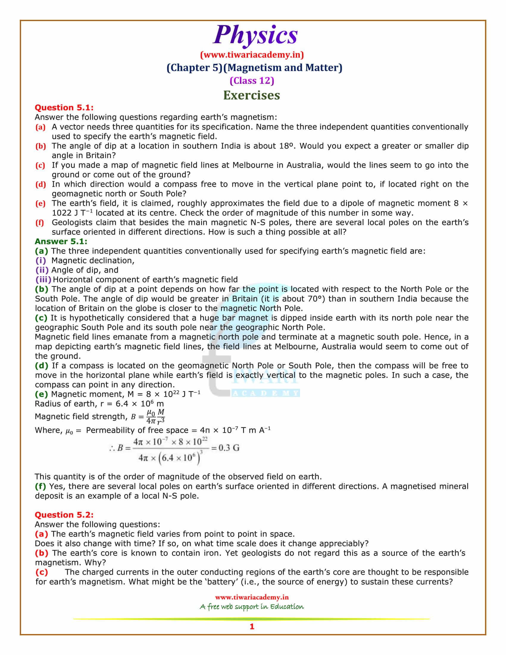 NCERT Solutions for Class 12 Physics Chapter 5 Magnetism and Matter