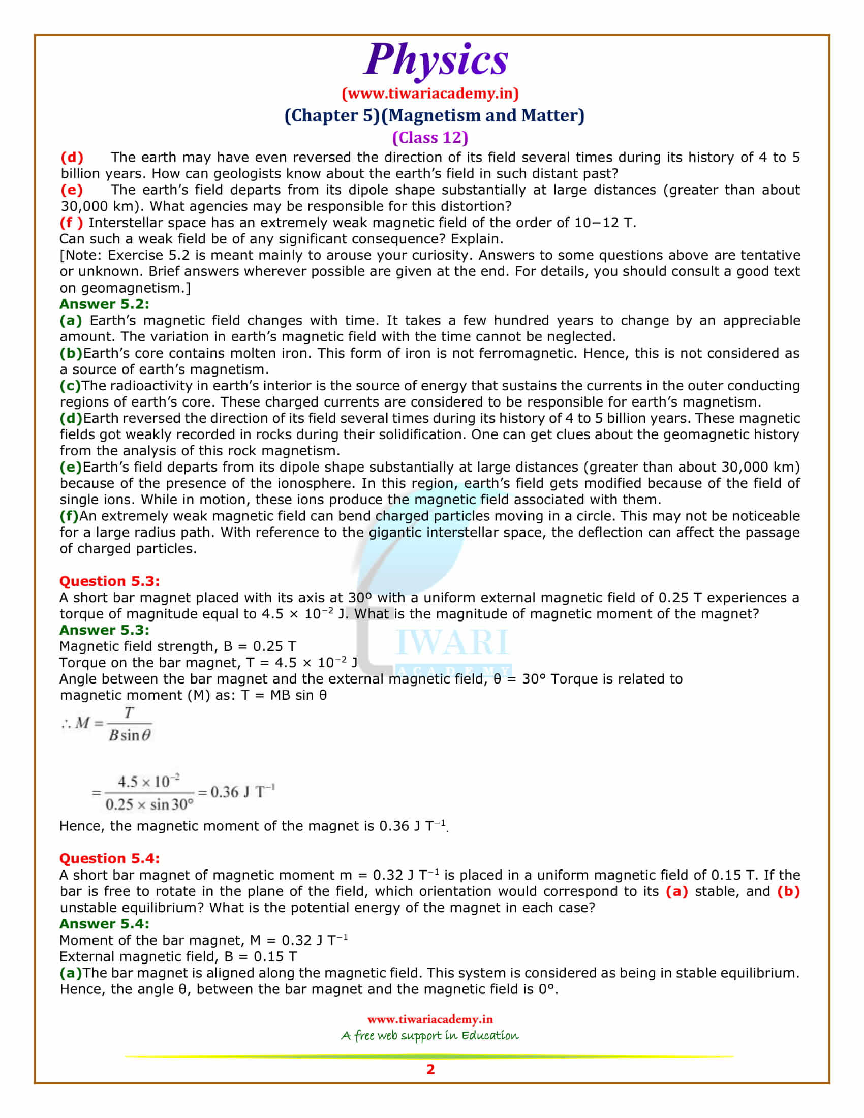NCERT Solutions for Class 12 Physics Chapter 5 Magnetism and Matter in pdf form