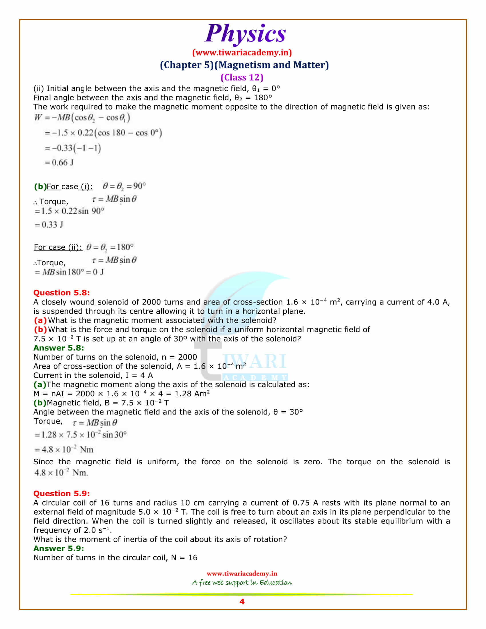NCERT Solutions for Class 12 Physics Chapter 5 Magnetism and Matter for intermediate