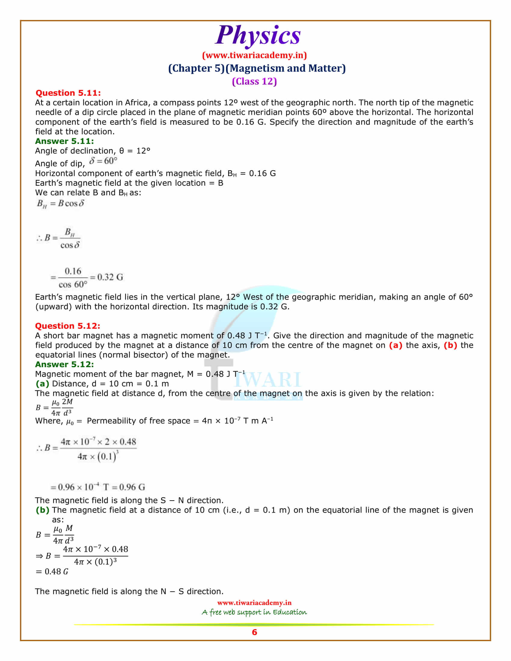 NCERT Solutions for Class 12 Physics Chapter 5 Magnetism